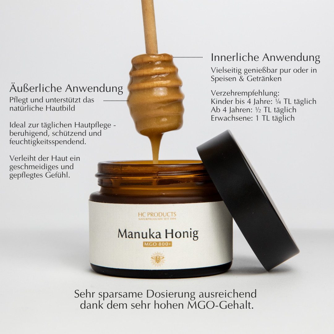 HC PRODUCTS Honig Manuka Honig MGO 800+ aus Neuseeland im Probierglas, 50 g, Lichtundurchlässiger Glastiegel I Echter Manuka Honig aus Neuseeland