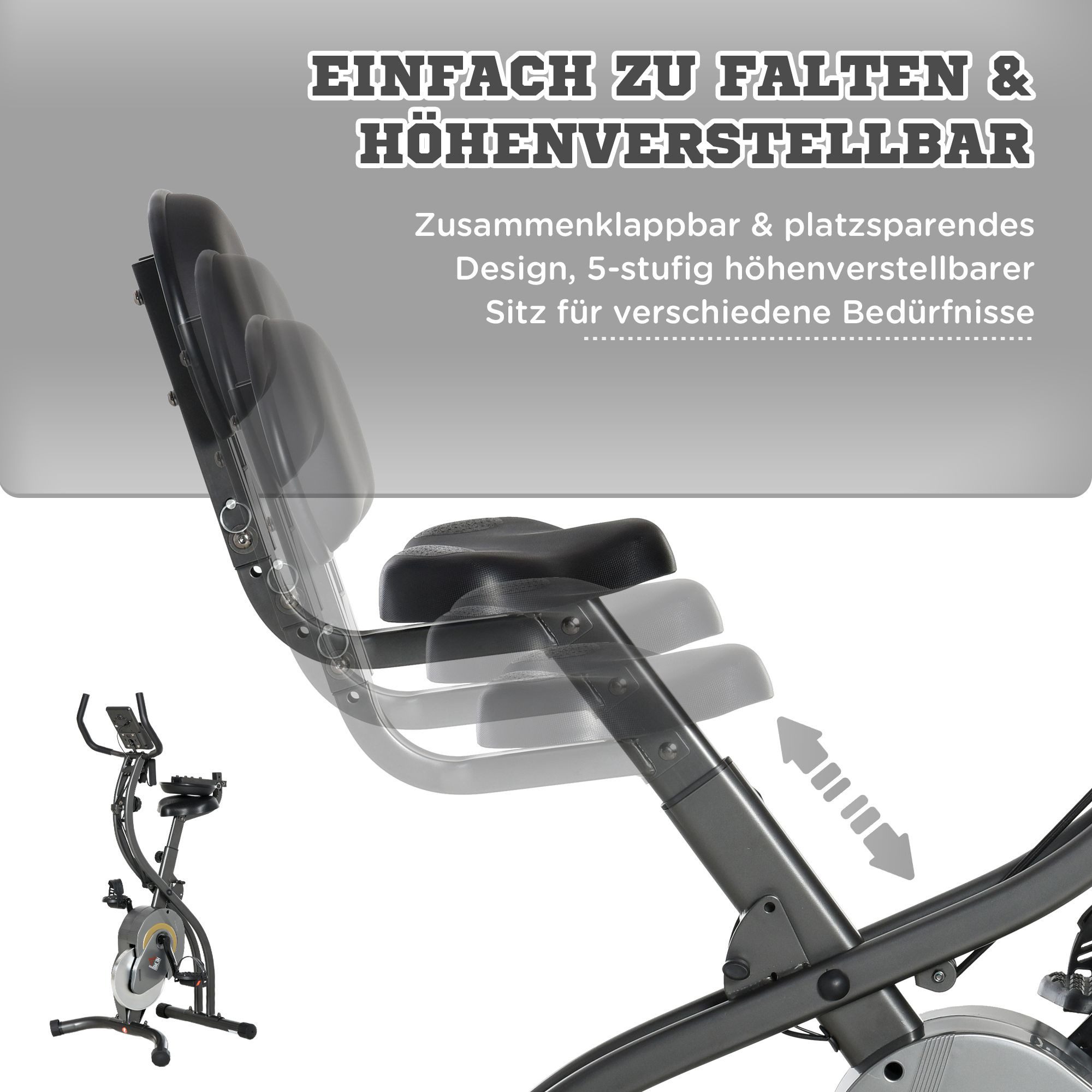 HOMCOM Heimtrainer X-Bike, 2-in-1 Trimmrad, Stahl, Schwarz+Grau, 51 x 97 x 115 cm (Schwungrad, 1-tlg., Fahrradtrainer), für Wohnbereich, Schwarz+Grau
