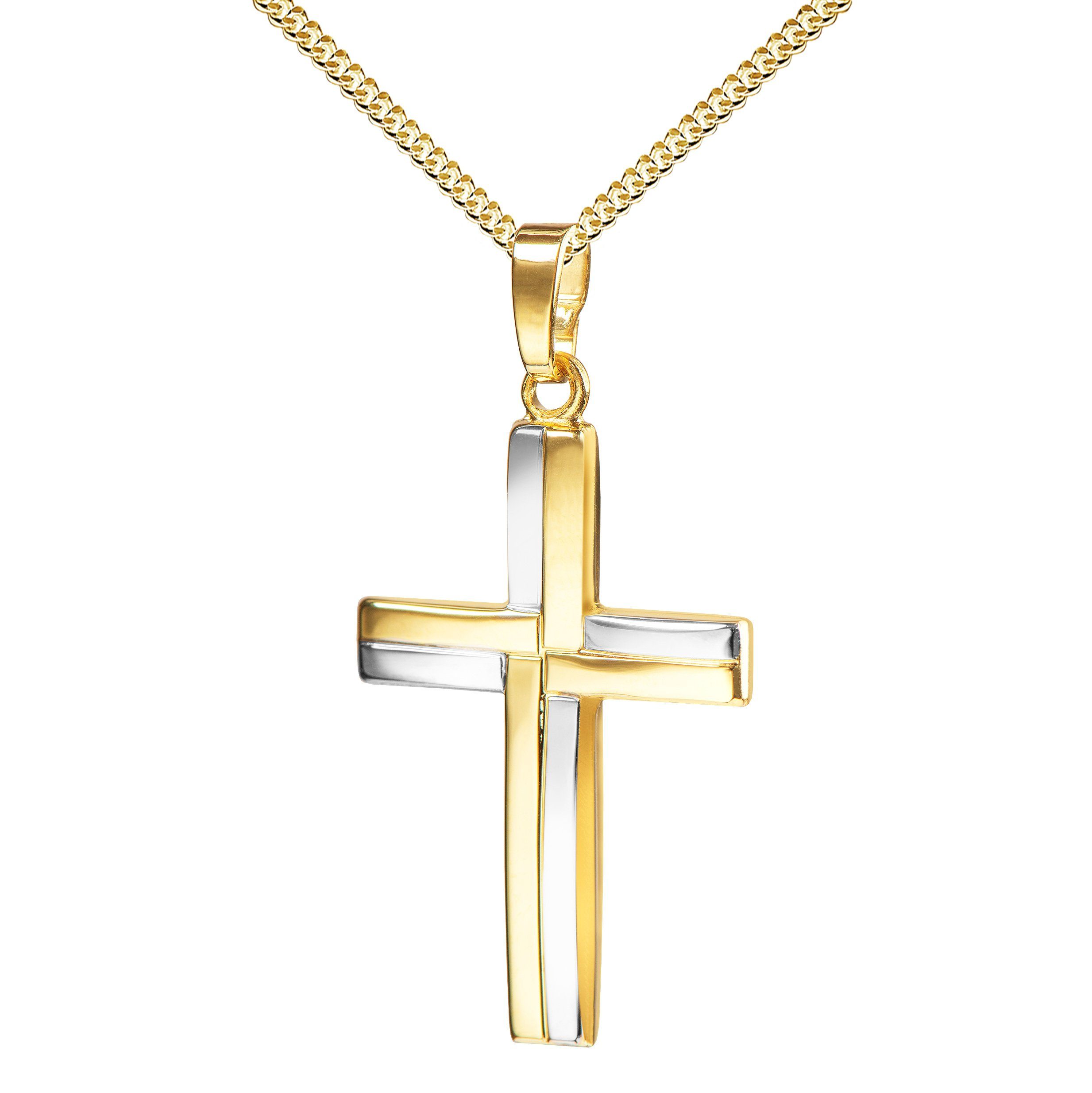 JEVELION Kreuzanhänger Anhänger Kreuz bicolor 333 Gold - Made in Germany (Goldkreuz, für Damen und Herren), Mit Kette vergoldet- Länge wählbar 36 - 70 cm oder ohne Kette.