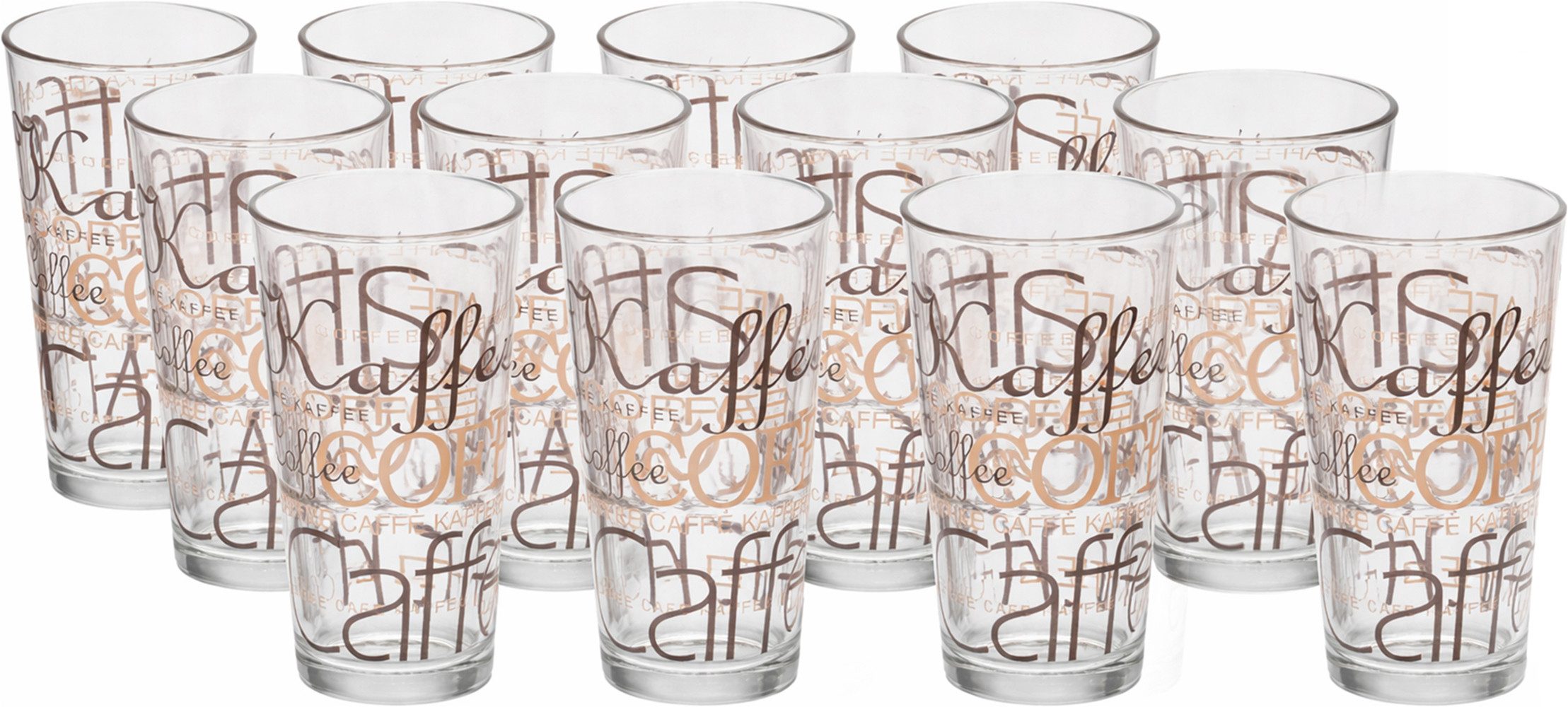 Bormioli Rocco Longdrinkglas Longdrinkbecher 370 ml Latte Macchiato, 12 Stück, 12-tlg., Glas, Coffee-Dekor, stapelbar, spülmaschinengeeignet