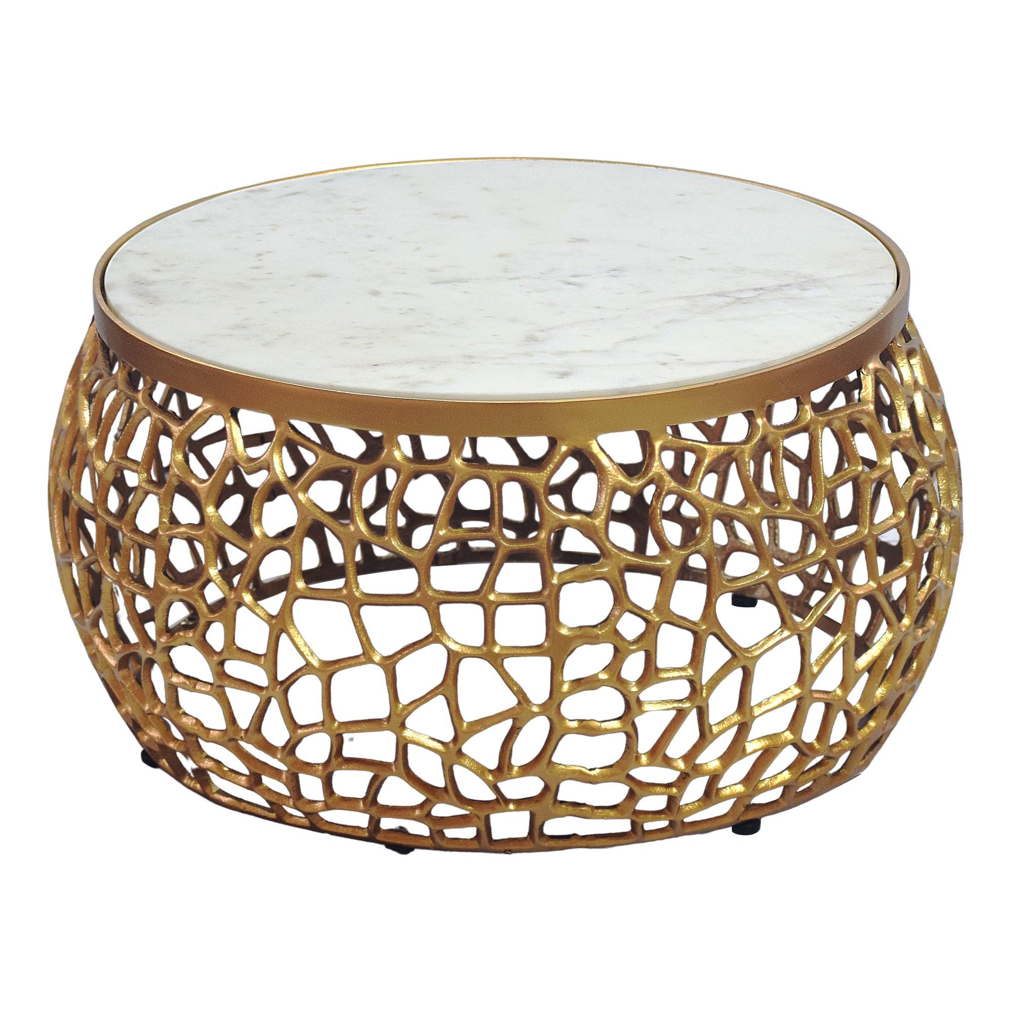 Wohnling Couchtisch WL7.656 Marmor Platte weiß Wohnzimmertisch Beistelltisch rund 60cm (Extravaganter Tisch in luftiger Netzoptik), Weiße Marmorplatte auf goldenem Aluminium