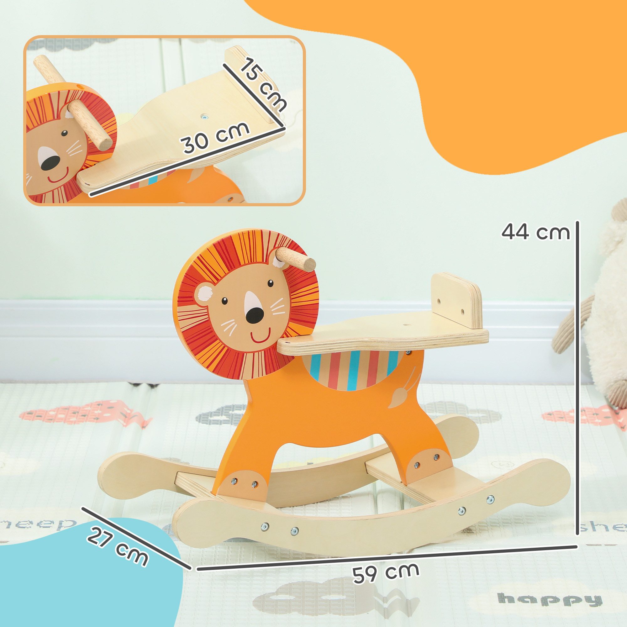 AIYAPLAY Schaukeltier Schaukelpferd Holz mit Haltegriffen Esel, (1 tlg), für Kinderzimmer, Spielzimmer, Orange – Bild 3 von 5