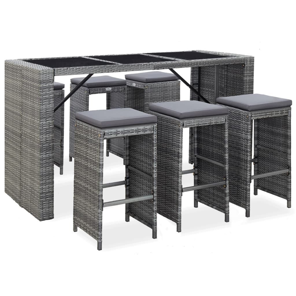 vidaXL Gartenlounge-Set 7-tlg. Gartenbar-Set mit Auflagen Poly Rattan Grau, (7-tlg)