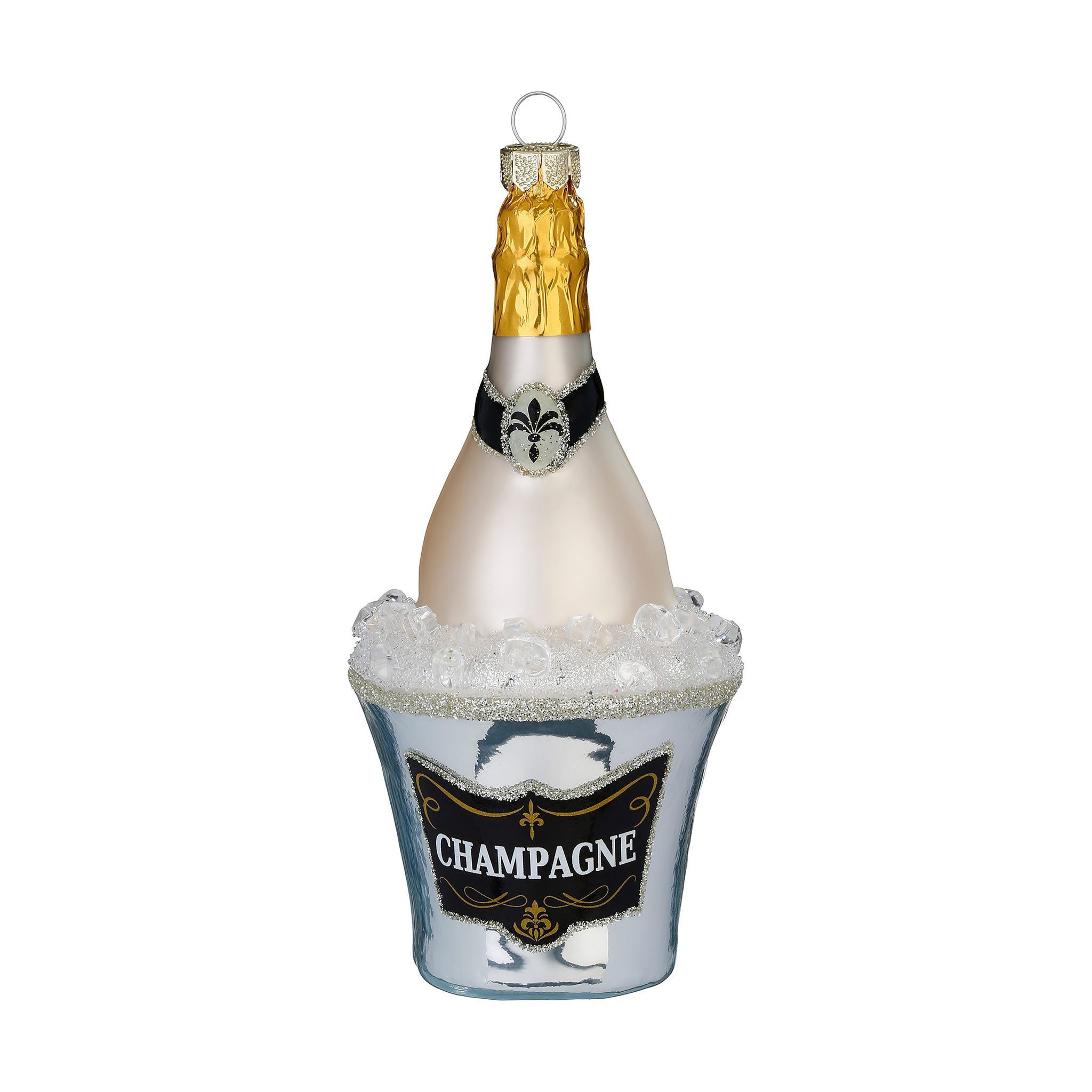 MAGIC by Inge Christbaumschmuck, Christbaumschmuck Glas 13cm Champagnerflasche im Kühler Creme / Silber