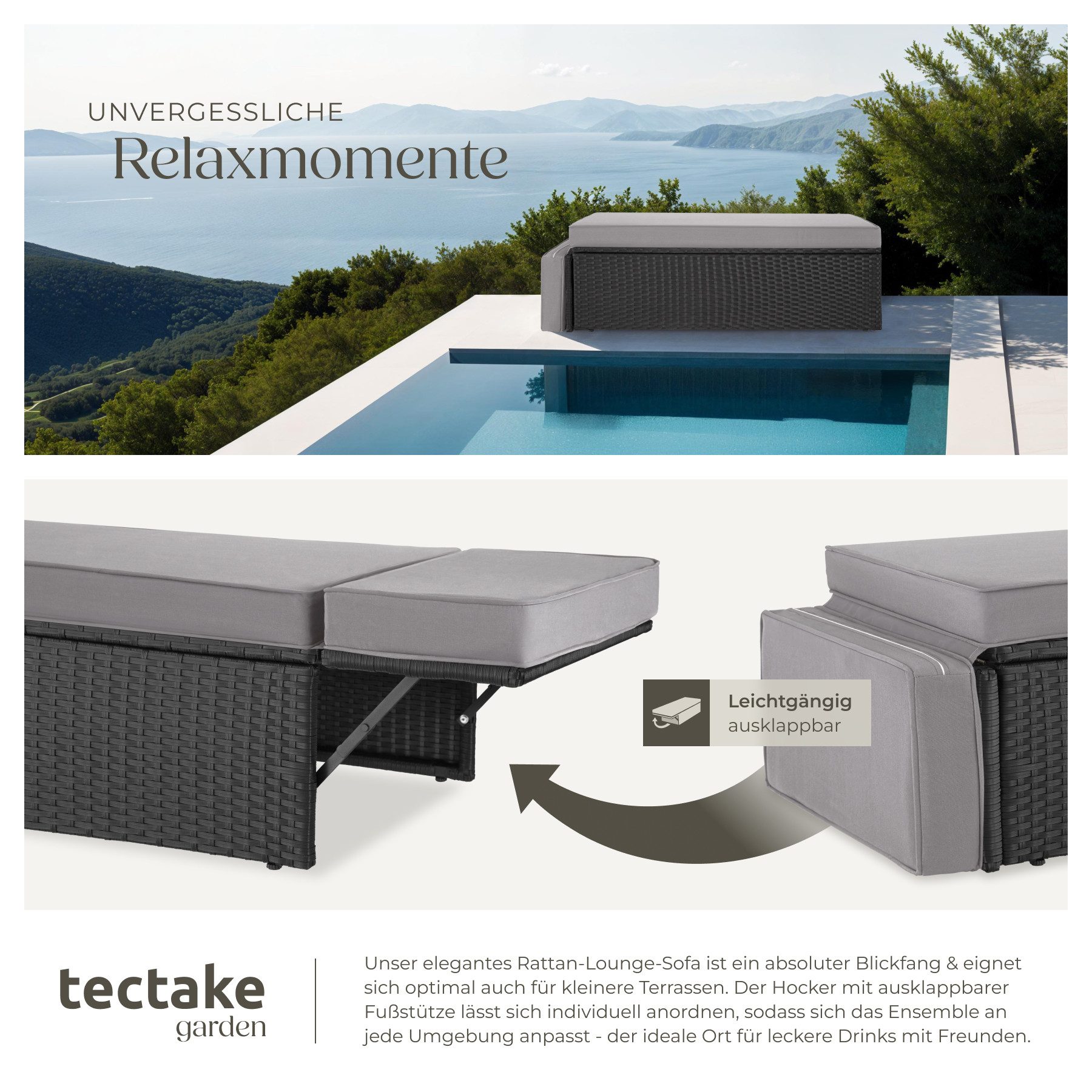 tectake Loungeset Rattan Sitzgruppe inkl. Hocker mit klappbarer Stütze, 2-Sitzer, (Gartenlounge-set Korfu, 2-tlg., geeignet für Outdoor in Schwarz/Grau), widers – Bild 4 von 5