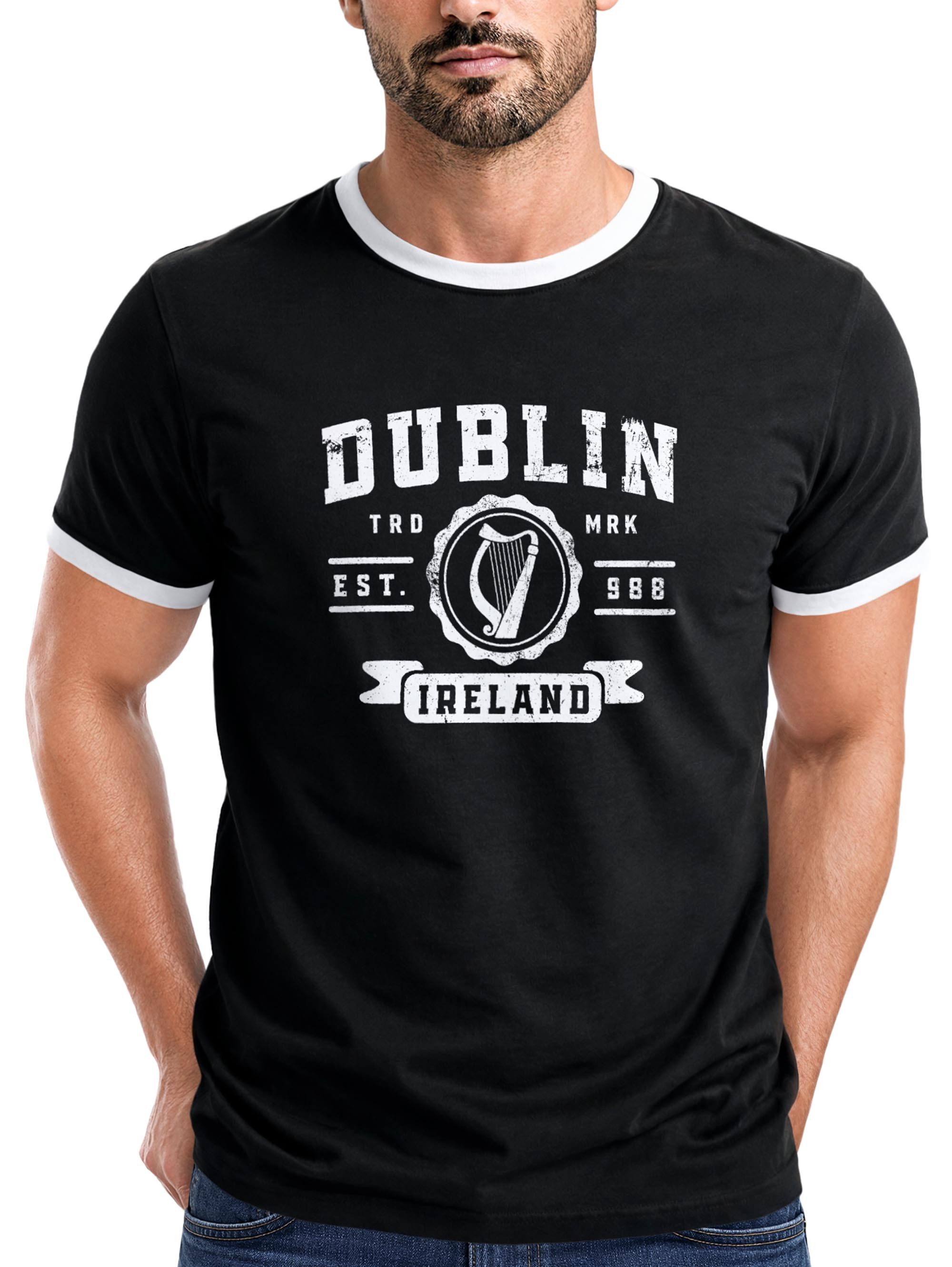 Neverless Print-Shirt Herren T-Shirt Retro Kontrastbund - Design Dublin Irish - Printshirt mit Print