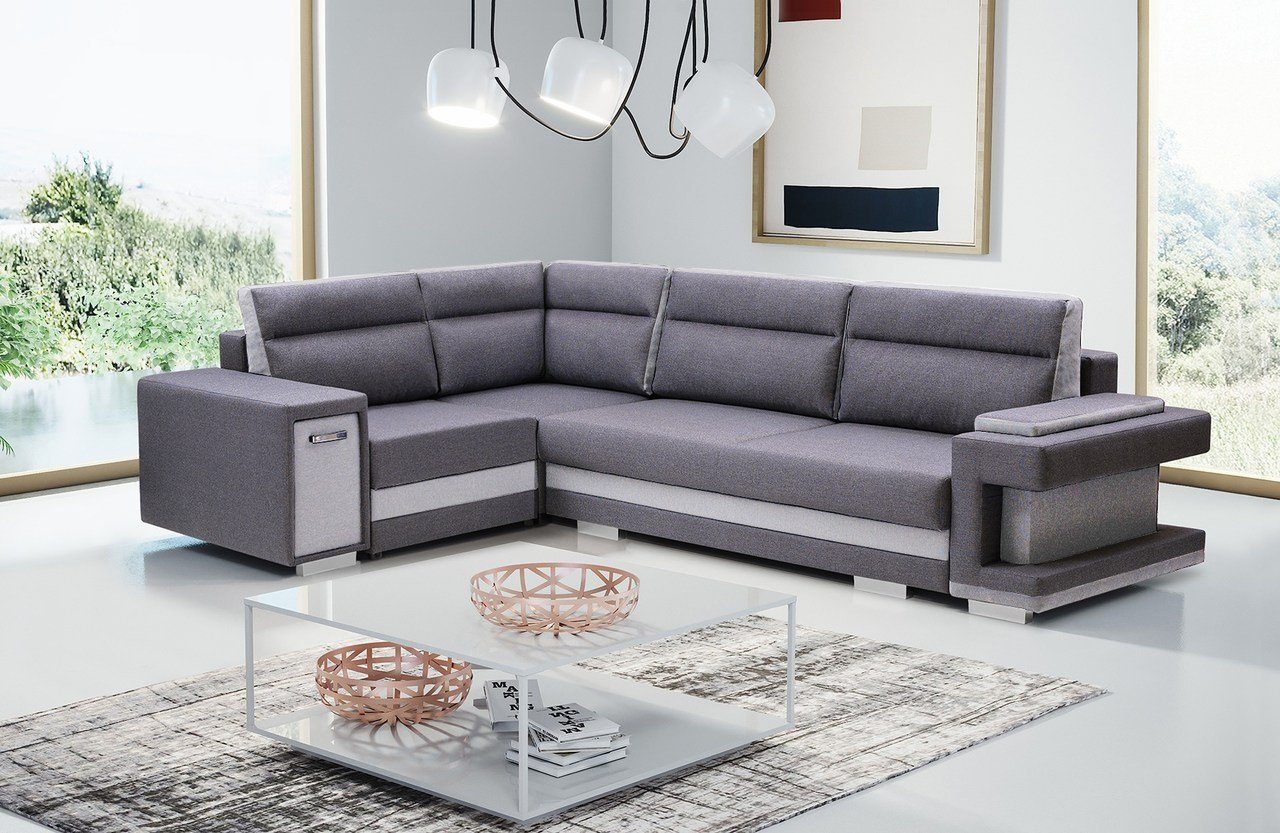 Siblo Ecksofa Funktionelles Ecksofa Lorenzo mit zwei Behälter für Zubehör Grau/Weiß