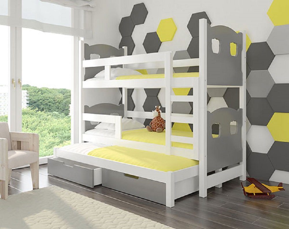 Feldmann-Wohnen Hochbett LETICIA (Etagenbett mit 3 Schlafgelegenheiten) Farbe wählbar Kiefer weiß / Absetzungen: grau | Hochbetten