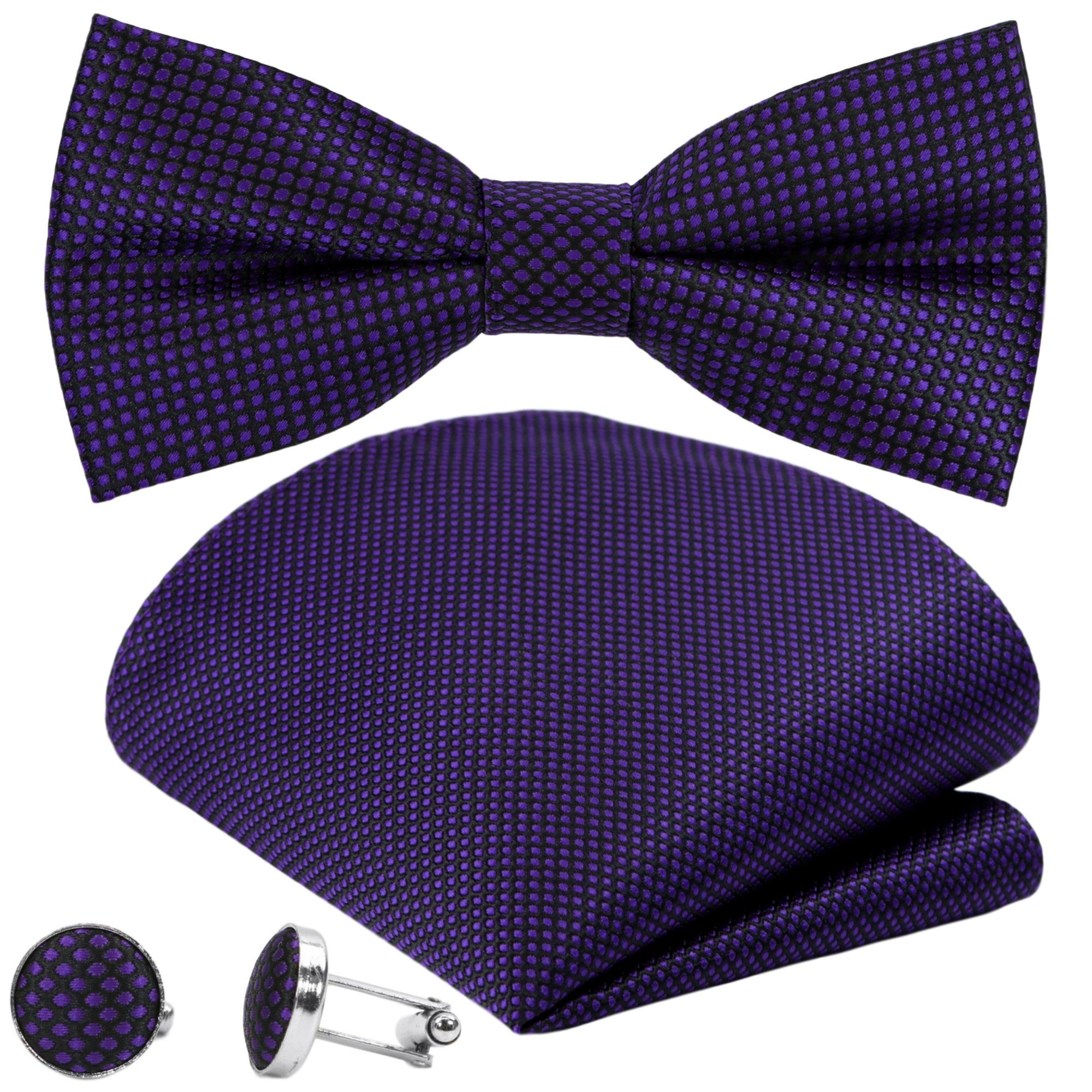 Herren-Fliege Lila Tupfen, Kariert Seide Hochzeit GASSANI (Set, Vorgebunden Fliegenset, Hochzeitsfliege Blau-Violett Punkte Festlich, mit 3-St., Schleife Purpurviolett Aubergine Touch Pflaume Bordeaux-Violett Schwarz Purple Verstellbar, Gepunktet Einstecktuch, Fliege Mauve Tuch Karo Manschettenknöpfe)