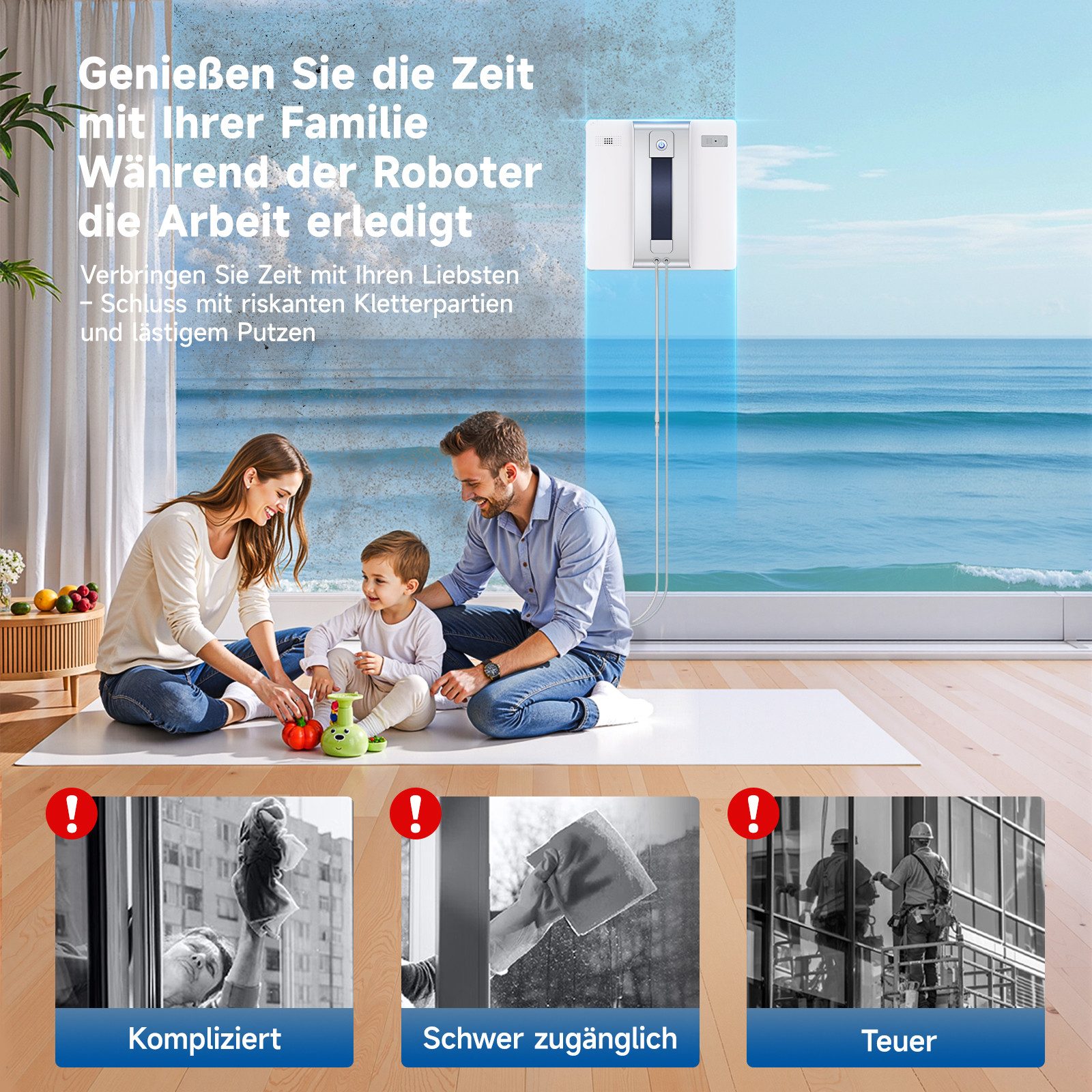 lubluelu Fensterputzroboter CHYW200 Intelligenter Fensterputzer Fenstersauger mit Fernbedienung, mit 60ml Wassertank und Sprühfunktion / Anti-Fall