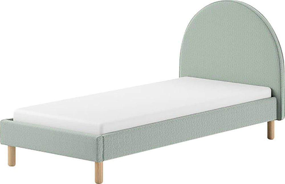 Vipack Polsterbett Moon, mit flauschigem Bouclé Stoff in verschiedenen Farben (B/H/T ca. 147x132x212cm, gebogenes Kopfteil, Füße Massivholz), inkl. Rolllattenrost, wahlweise 2 Breiten und verschiedene Farben