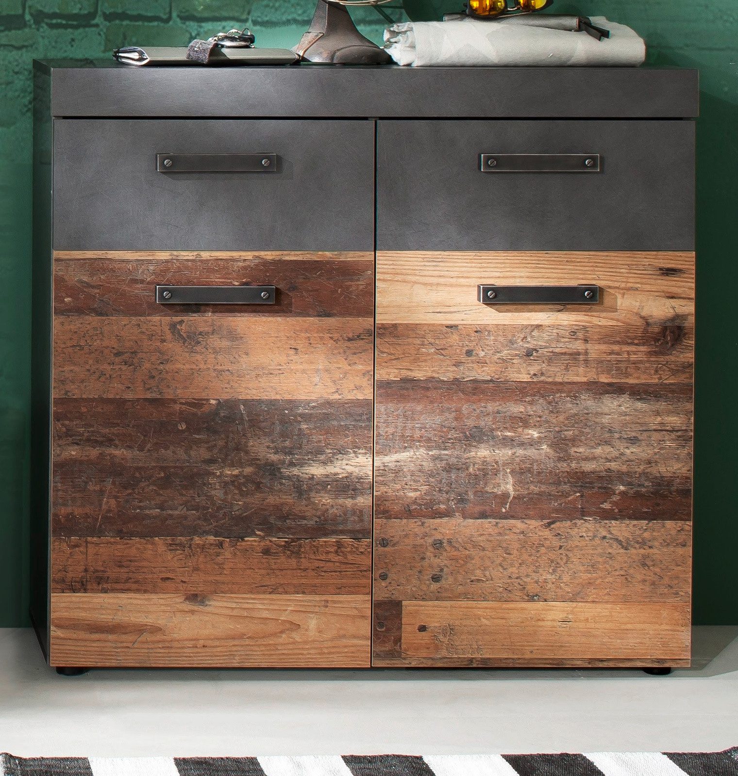 Inn.Furn Schuhkommode Indy (Kommode in Used Wood Altholz Optik und Grau, 89 x 89 cm), mit Schubkästen und 4 großen Fächern