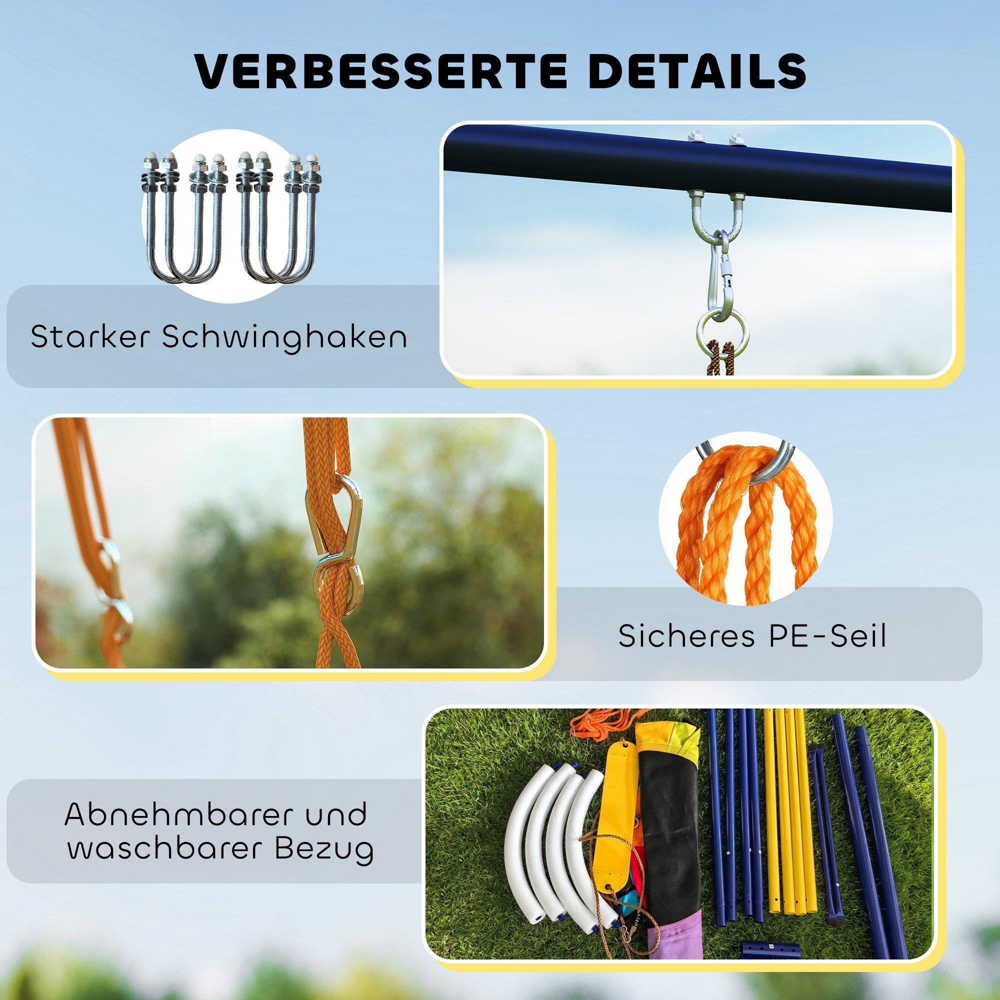MC Star Schaukelgestell Doppelschaukel mit Gestell Schaukel-Set, (mit Nestschaukel Gurtschaukel verstellbarem Seil für 3-8 Jahre Mehrfarbig)