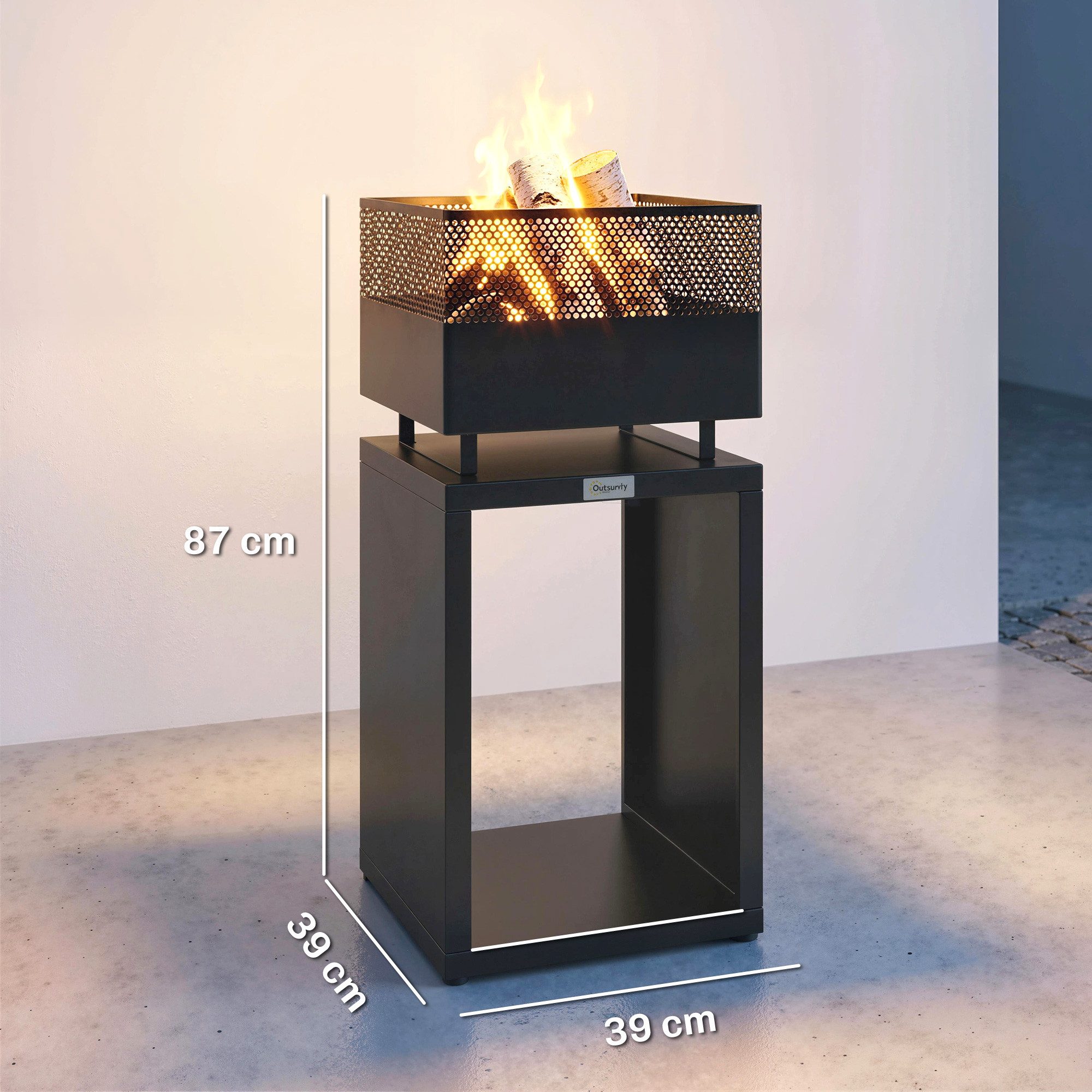 Outsunny Feuerschale Feuerkorb BBQ Camping Holzlager Kohlegitter Schwarz, (Feuerstelle, 1-St., Feuerschalen), für Garten, Balkon Terrasse, Outdoor – Bild 3 von 5
