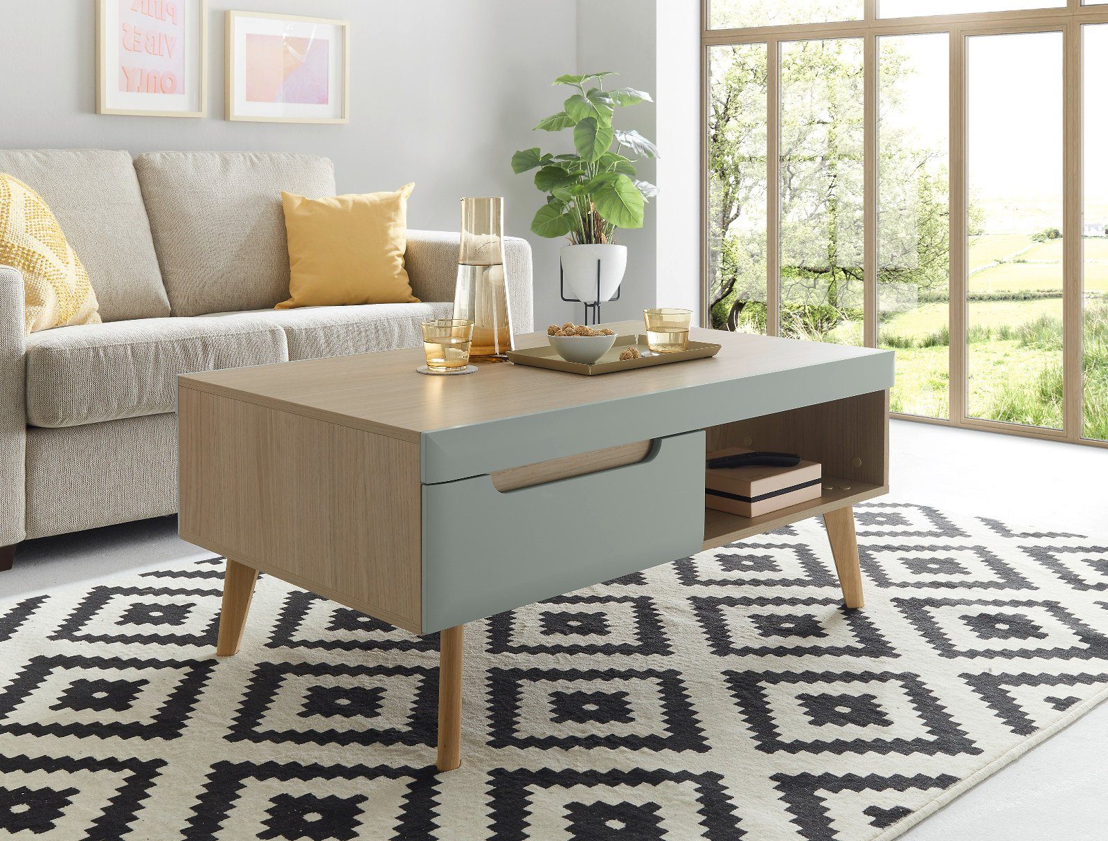 Furn.Design Couchtisch Isgard (Sofatisch in Scandi Eiche und Pistazie, 107 x 67 cm), mit Stauraum