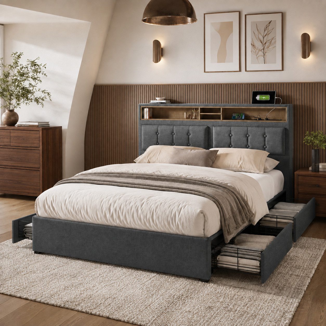Flieks Polsterbett, Doppelbett mit USB/Typ-C Ladefunktion + 4 Schubladen 140x200cm Leinen