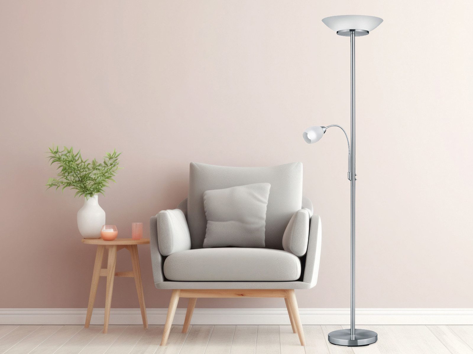 Reality Leuchten LED Deckenfluter, Lesearm, LED wechselbar, Warmweiß, groß 180cm, mit Flex Leselampe, Steh-Lampe Silber Lampenschirm-e Glas