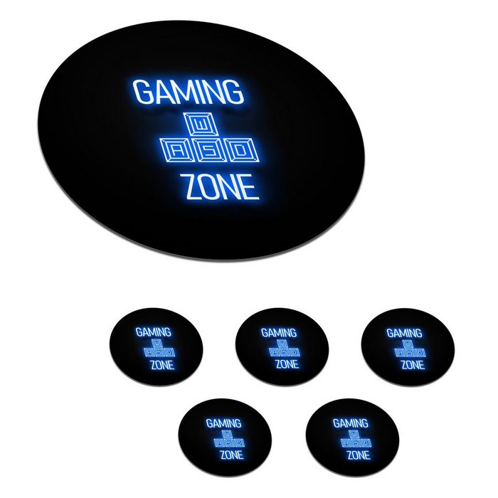 MuchoWow Glasuntersetzer Spiele - Text - Spielzone - Neon - Blau Zubehör für Gläser 6-tlg. Getränkeuntersetzer Tassenuntersetzer Korkuntersetzer Tasse Becher