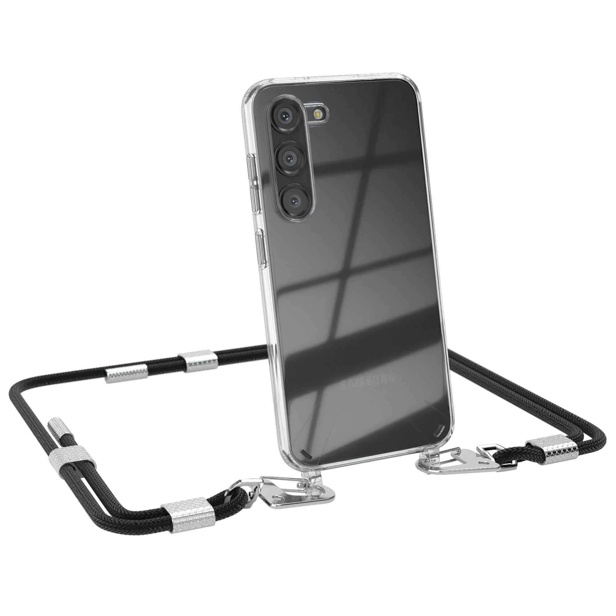 EAZY CASE Handykette Silikonhülle mit Kette für Samsung Galaxy S23 6,1 Zoll, Ketten Hülle Transparent Case Kettenhülle abnehmbare Kordel Schwarz