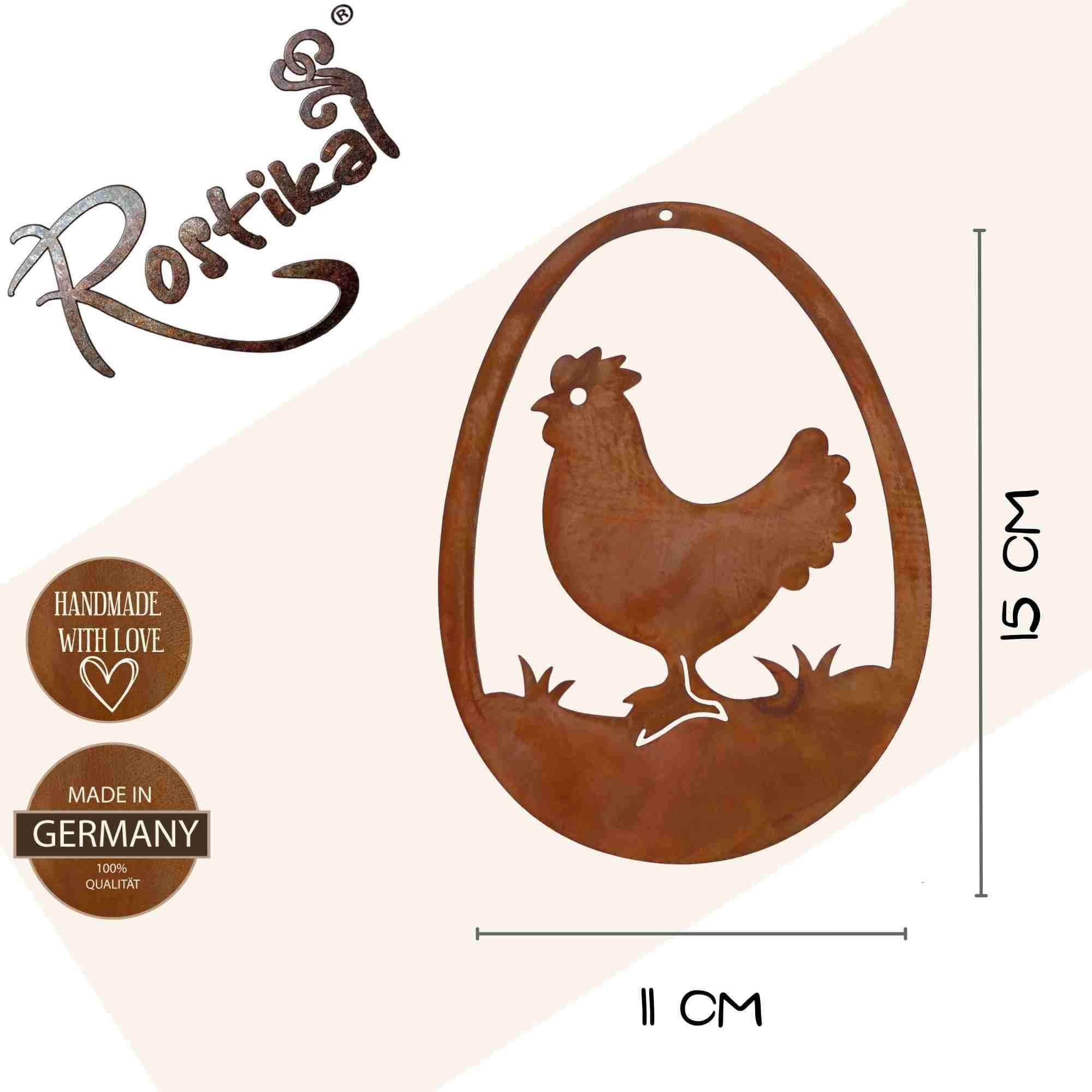 Rostikal Hängedekoration Huhn im Osterei Metall Deko Figur Osterdeko (1 St), echter Rost