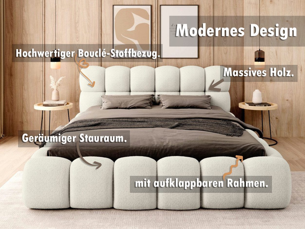 thematys Polsterbett mit Bettkasten / Stauraumbett, Bouclé 140x200 - 200x200cm (Optional mit 28 cm H3/H4 Taschenfederkern oder 23 cm Taschenfederkern-Matratze H2, Wolkenbett mit XXL Kopfteil)
