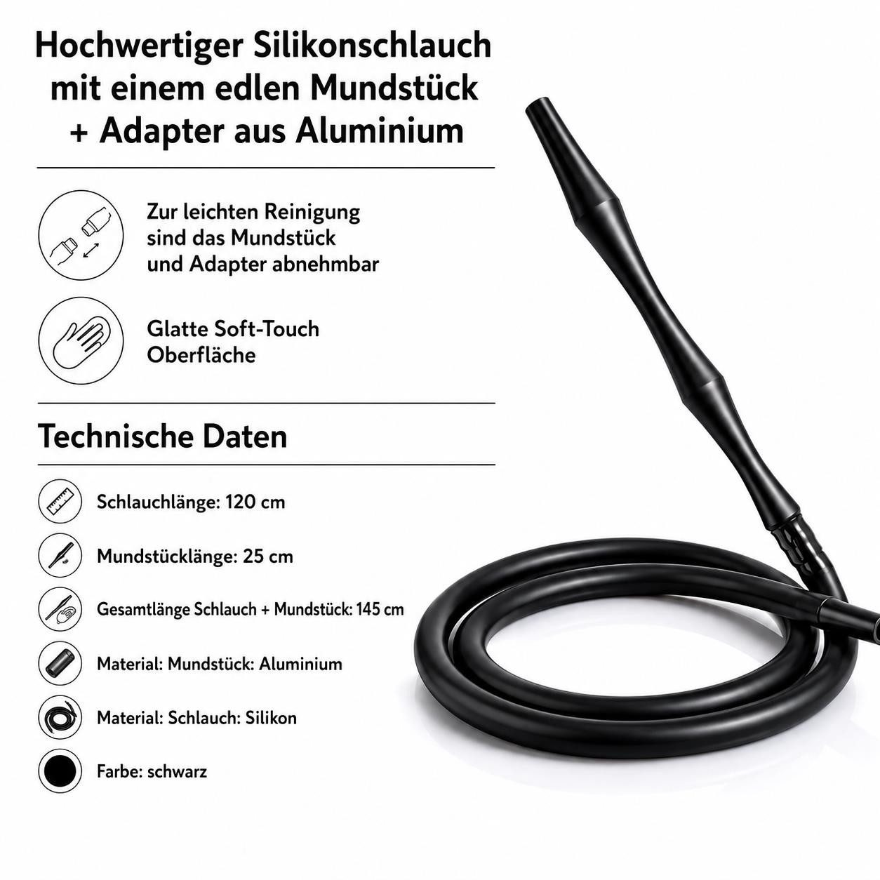 BAYLI flexibler Schlauch Bayli 1,45 m Soft Touch Shisha Silikonschlauch mit Mundstück und Adapt, Zubehör für Shisha, Wasserpfeife