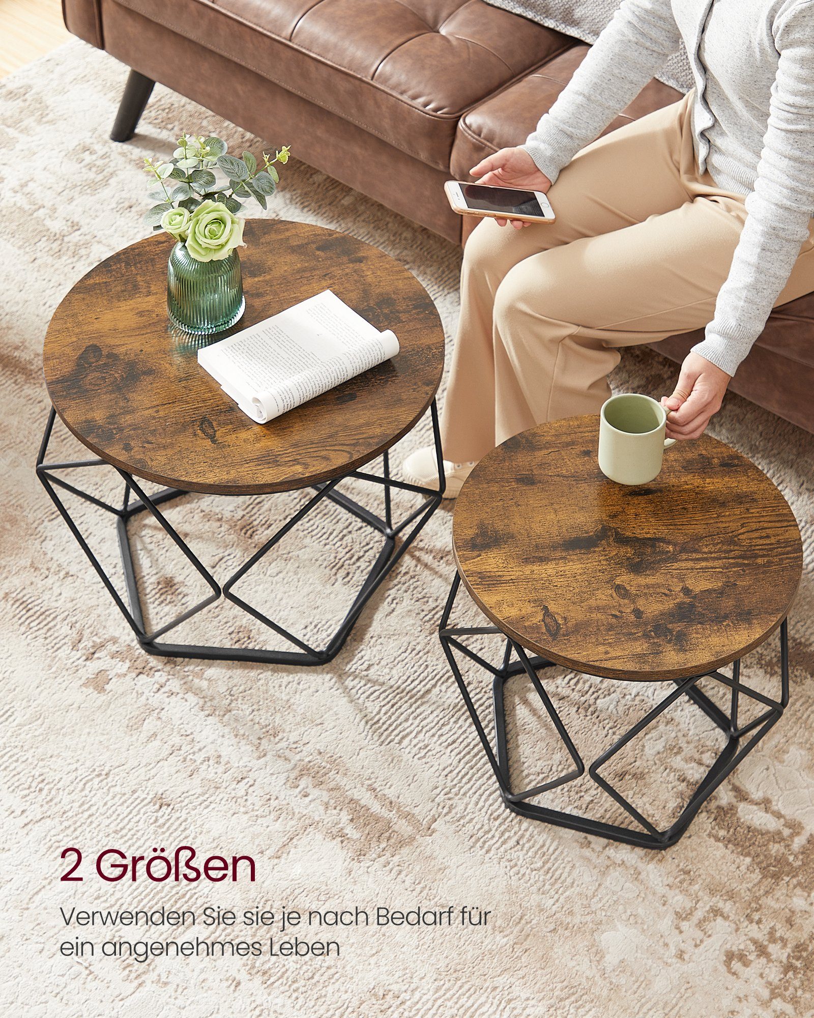 VASAGLE Couchtisch rund, Wohnzimmertisch, modern, Satztisch, Metall (2er Set, inkl. Zubehörpaket & Anleitung, Holz), Beistelltisch, abnehmbare Tischplatte, Ø50x40cm+Ø40x36cm