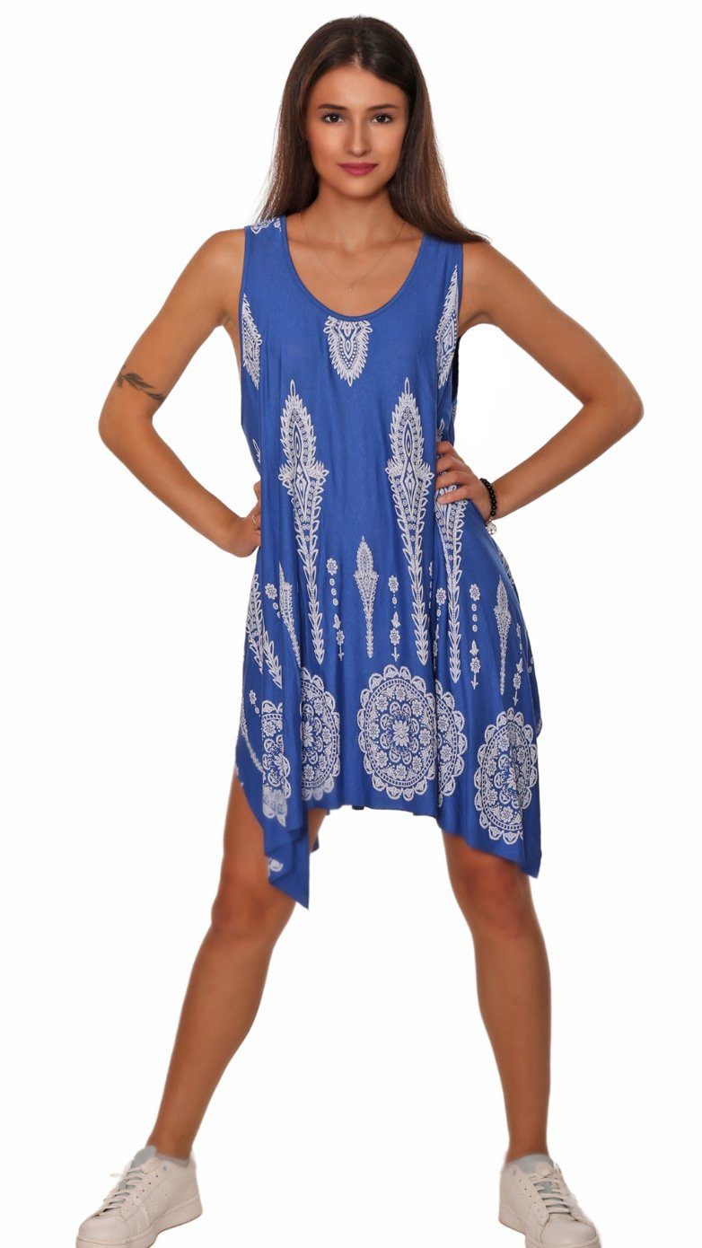 Charis Moda Sommerkleid knielang Print Blau Indian Ornamentic Trägerkleid