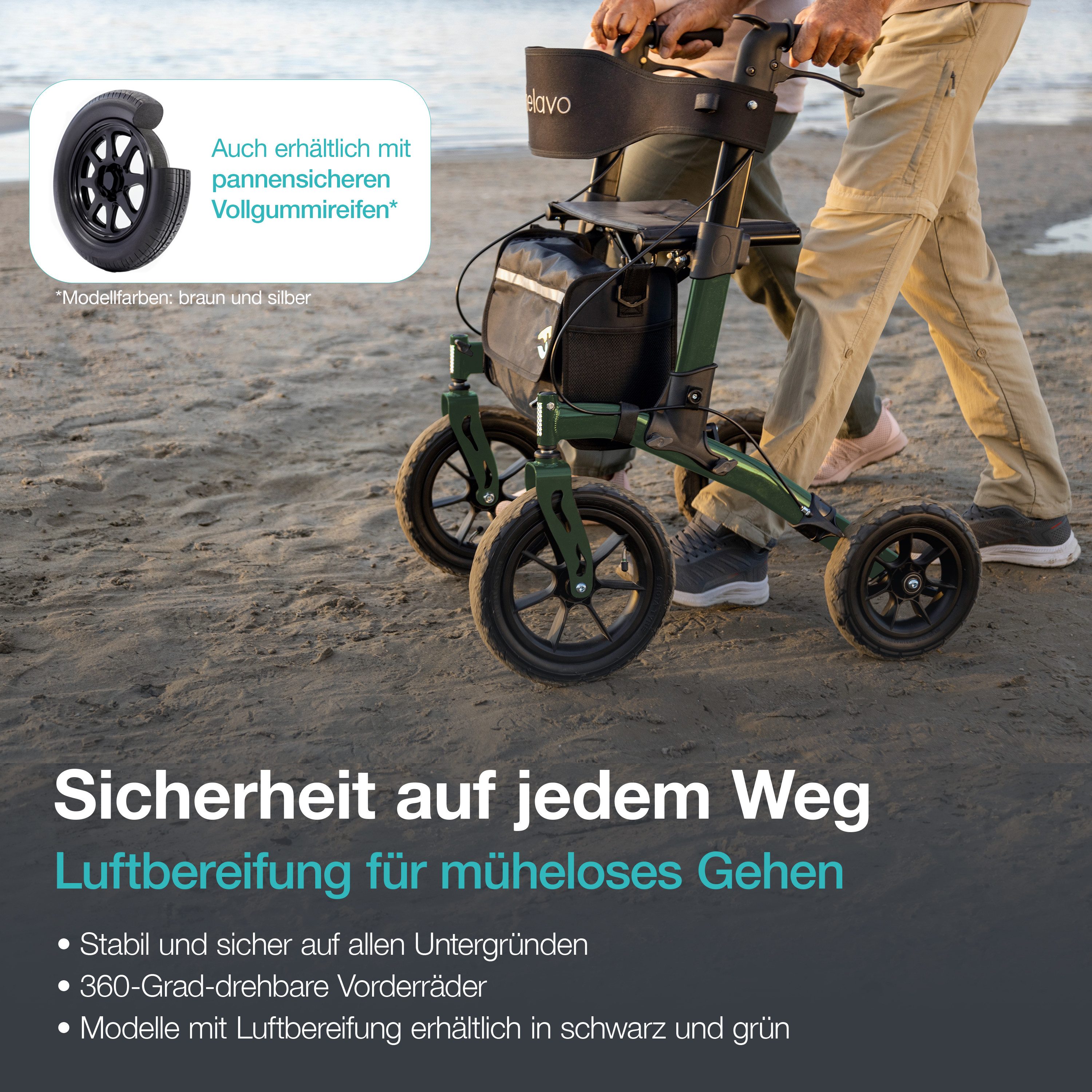 Helavo Rollator H1040, Faltbarer Outdoor Rollator mit Luftbereifung, Sitz & Lehne
