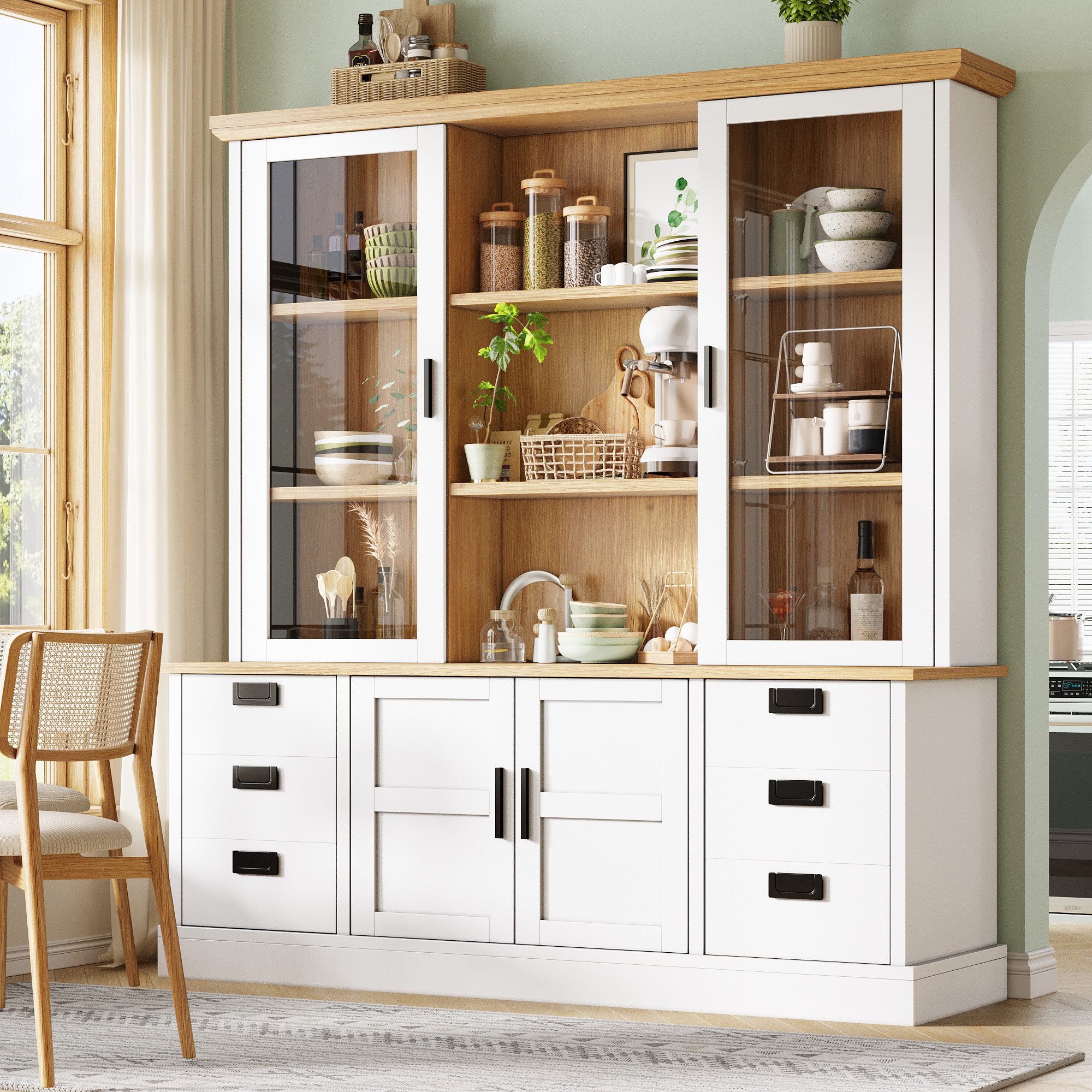 Flieks Küchenbuffet Glasvitrine Hochschrank mit 2 Glastüren und 6 Schubladen (1-St., B140/T40/H185 cm) Mehrzweckschrank Multifunktionsschrank Bücherregal Weiß & Natur