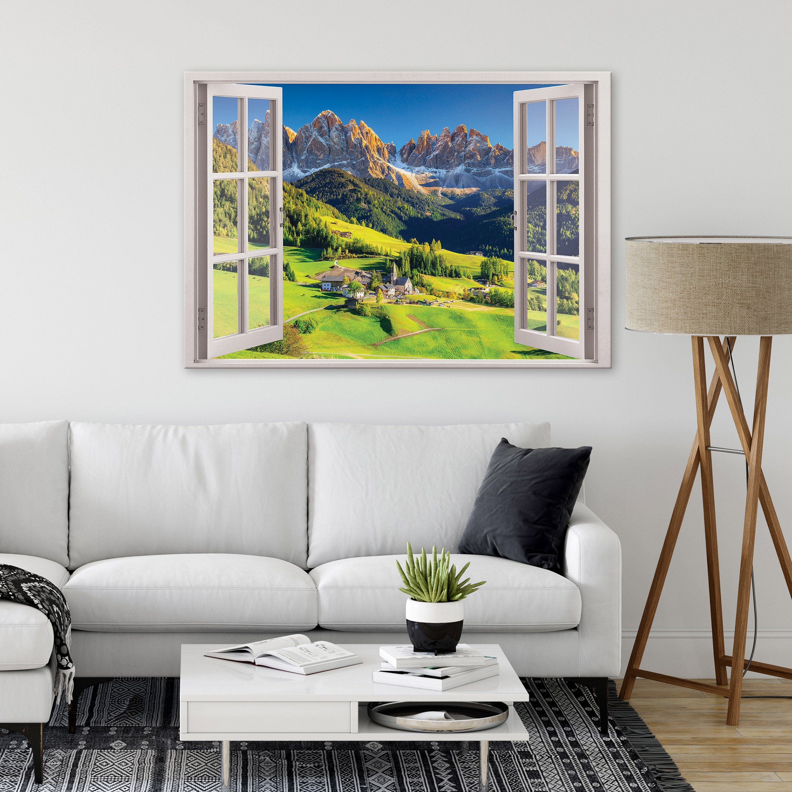 Alpen Wandbilder Modern Wandbild Groß (Einteilig), Bilder Berge Landschaft Aufhängefertig Fensterblick Fenster Natur XXL Wohnzimmer Schlafzimmer, Wald Wallarena Kunstdruck Leinwandbild für Leinwandbilder Canvas Bild Leinwand Auf