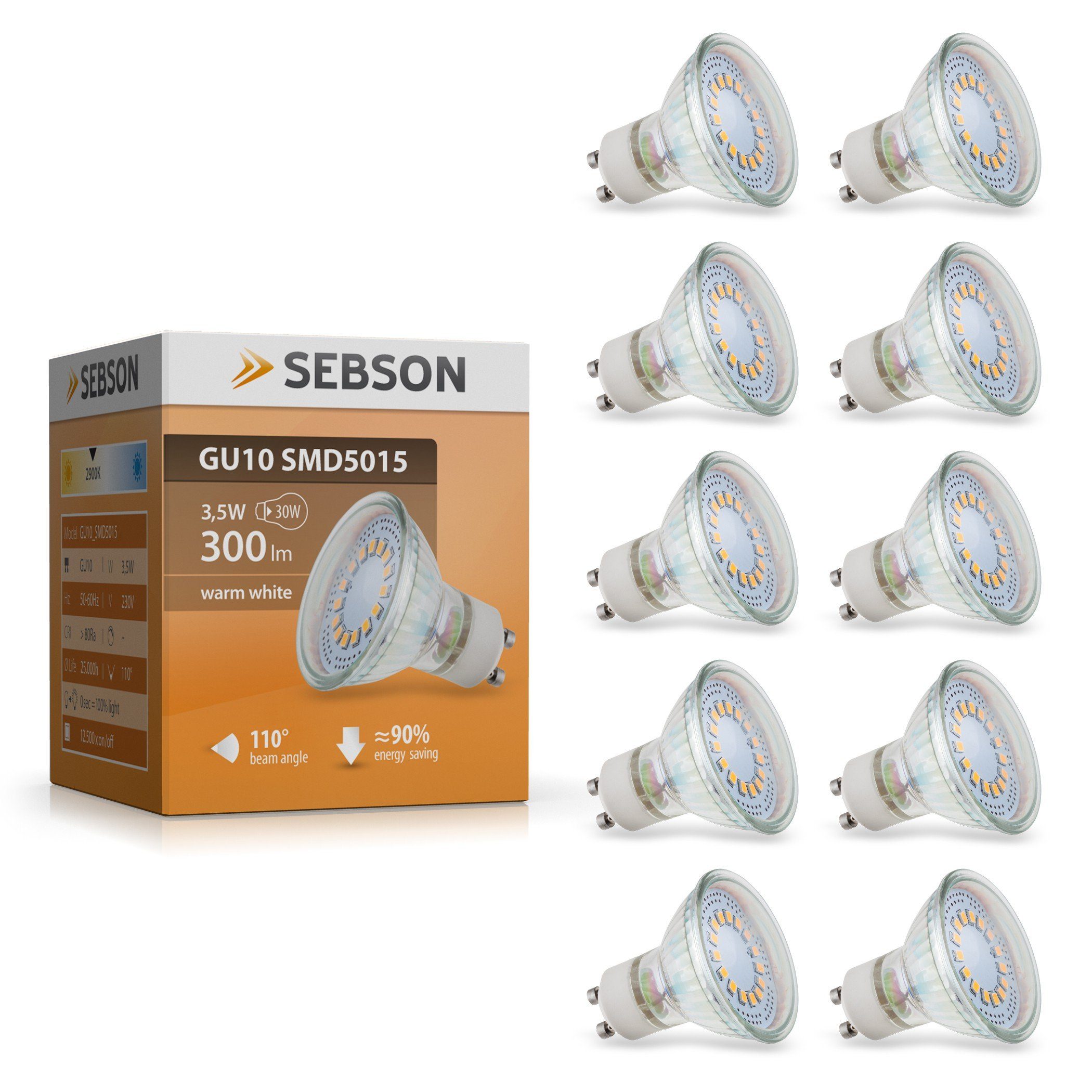 SEBSON LED Lampe GU10 warmweiß 3,5W 300 Lumen, GU10 LED Strahler 230V, LED  Leuchtmittel 110°, 10er Pack LED-Leuchtmittel