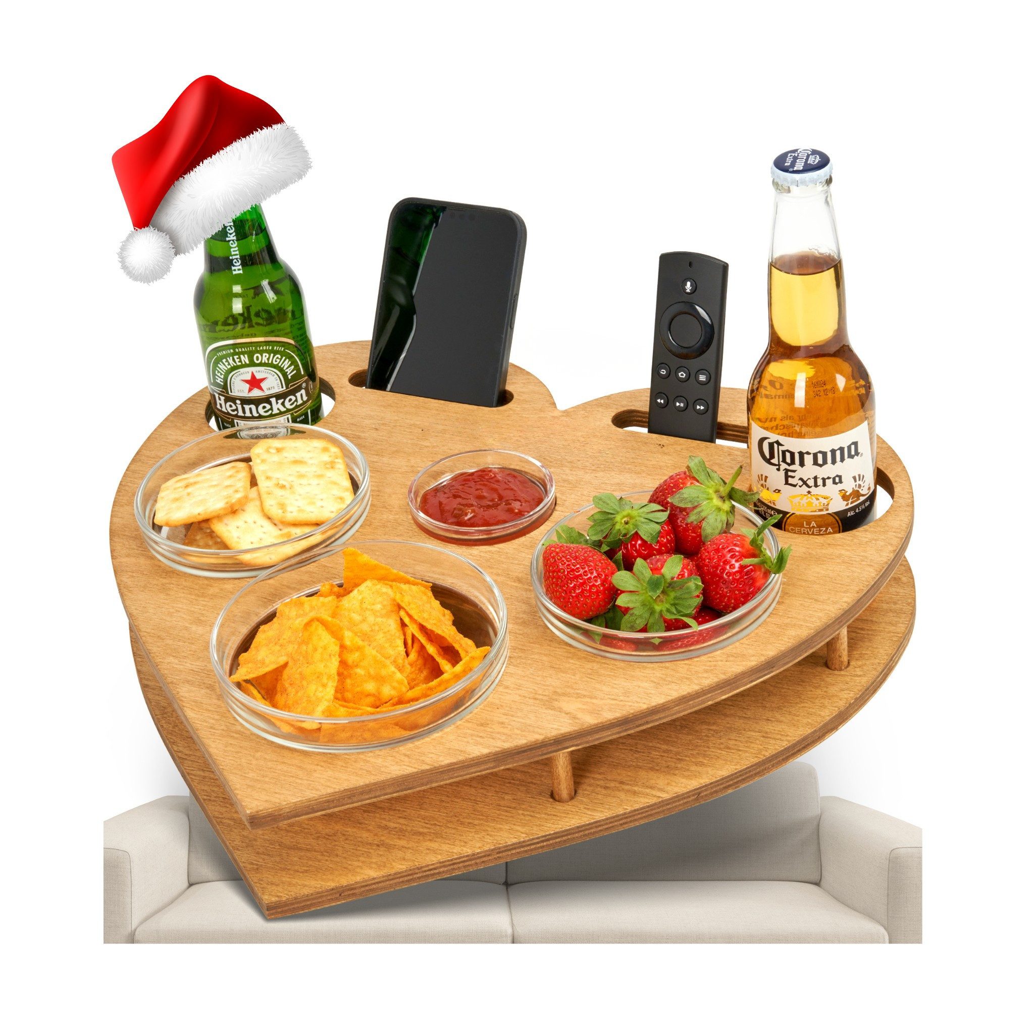 PEGSEN Servier-Set Couchbar mit Handyhalterung Snackbar Herz mit 4 Glasschalen Tablett, Stabil & Praktisch, lebensmittelechte Glasschalen, Handyhalterung