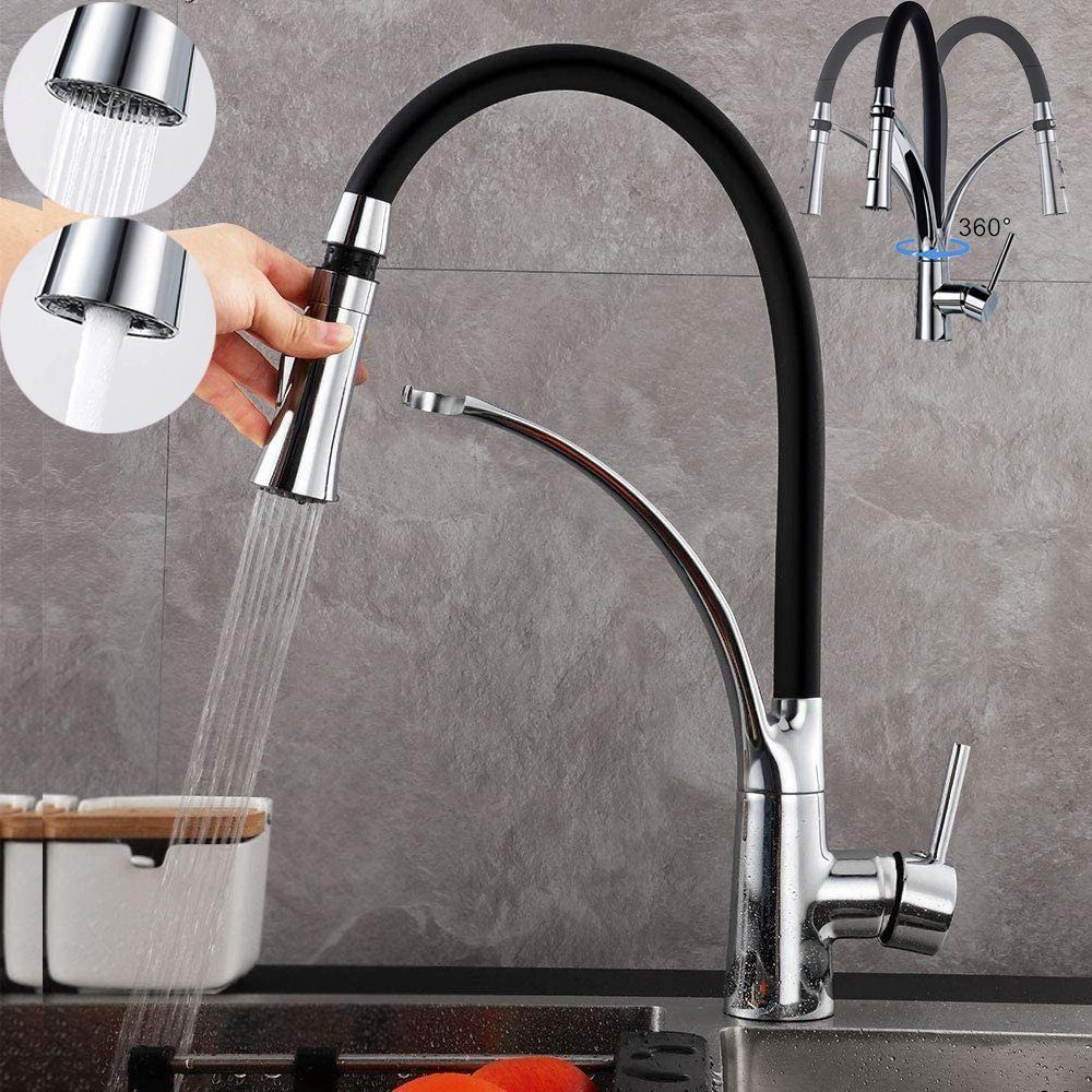 XERSEK Küchenarmatur Wasserhahn Küchen Silikonschlauch 1 Hochdruck Wasser Höhe Schwarz kaltes und 400mm,Messing,Dual-Spülbrause,heißes Mischbatterie Schwarz