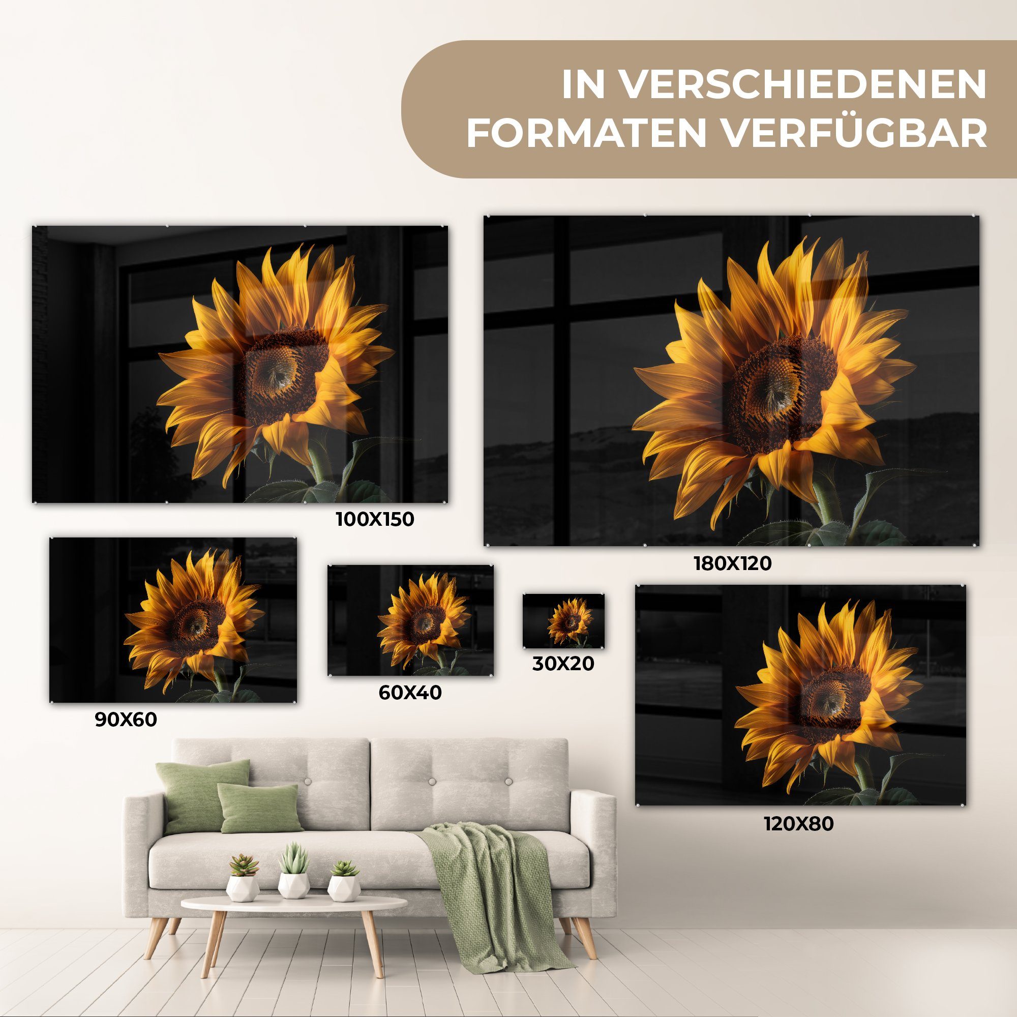 St), - (1 - MuchoWow Bilder Glas Blumen auf - - - Schwarz Botanisch Sonnenblume, Glas Acrylglasbild Glasbilder - Wanddekoration auf Wandbild Foto
