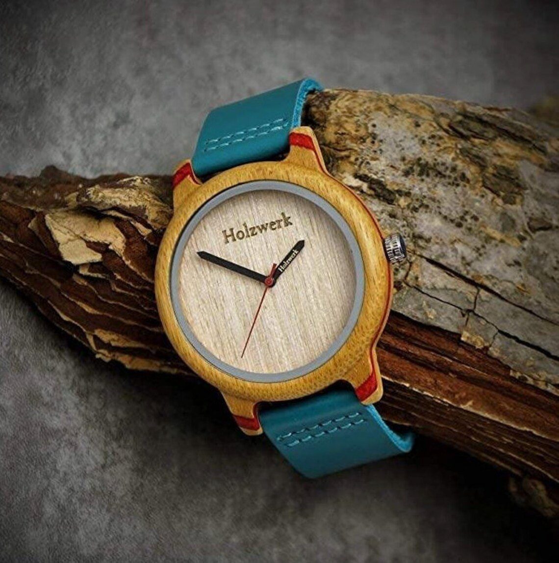 Holzwerk Quarzuhr & Damen Uhr blau Leder ELSTRA beige, in rot türkis & Holz Armband