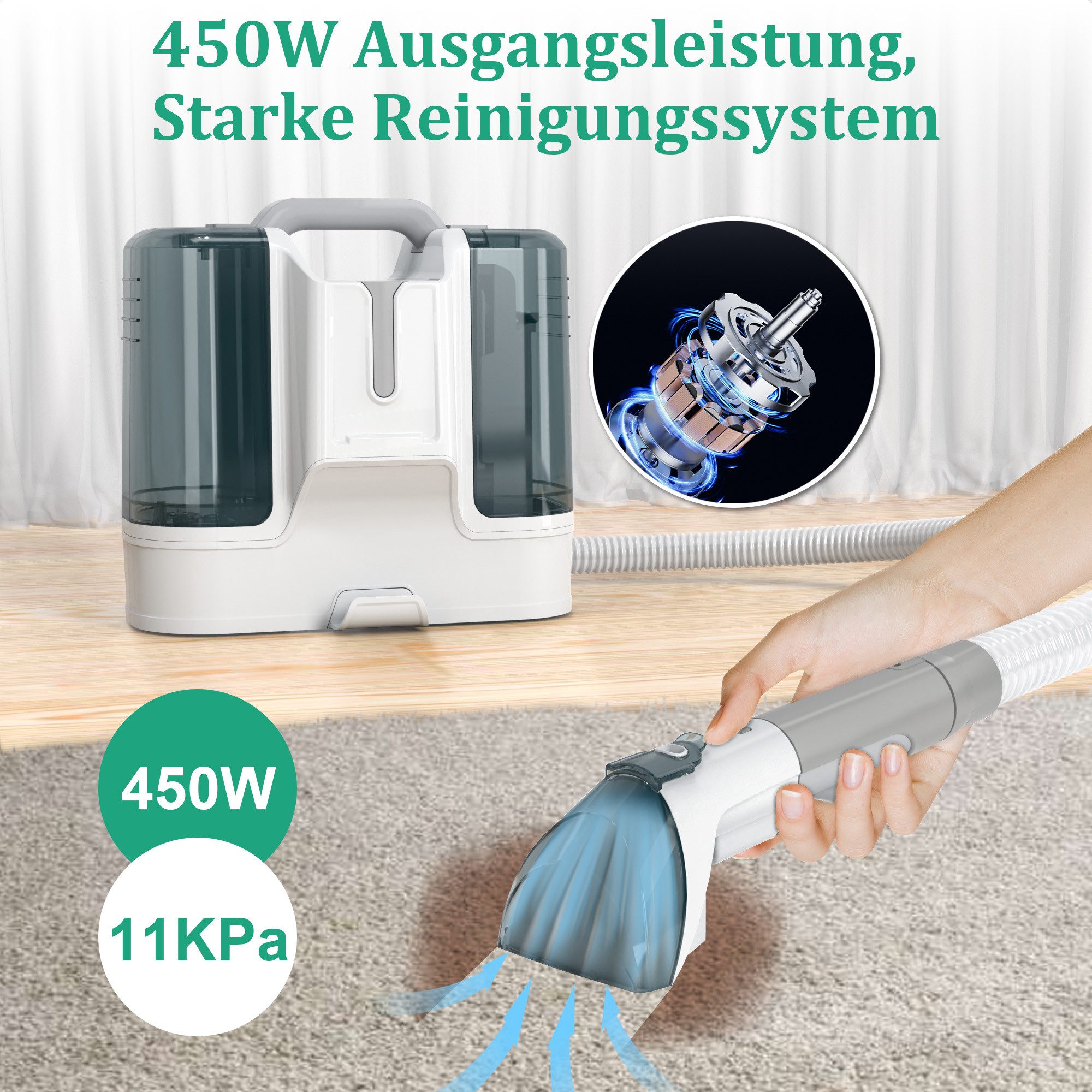 ibettertec Teppichreinigungsgerät Polsterreiniger Gerät, Geeignet für Sofas,Teppiche, 450W,11000Pa,1.8L