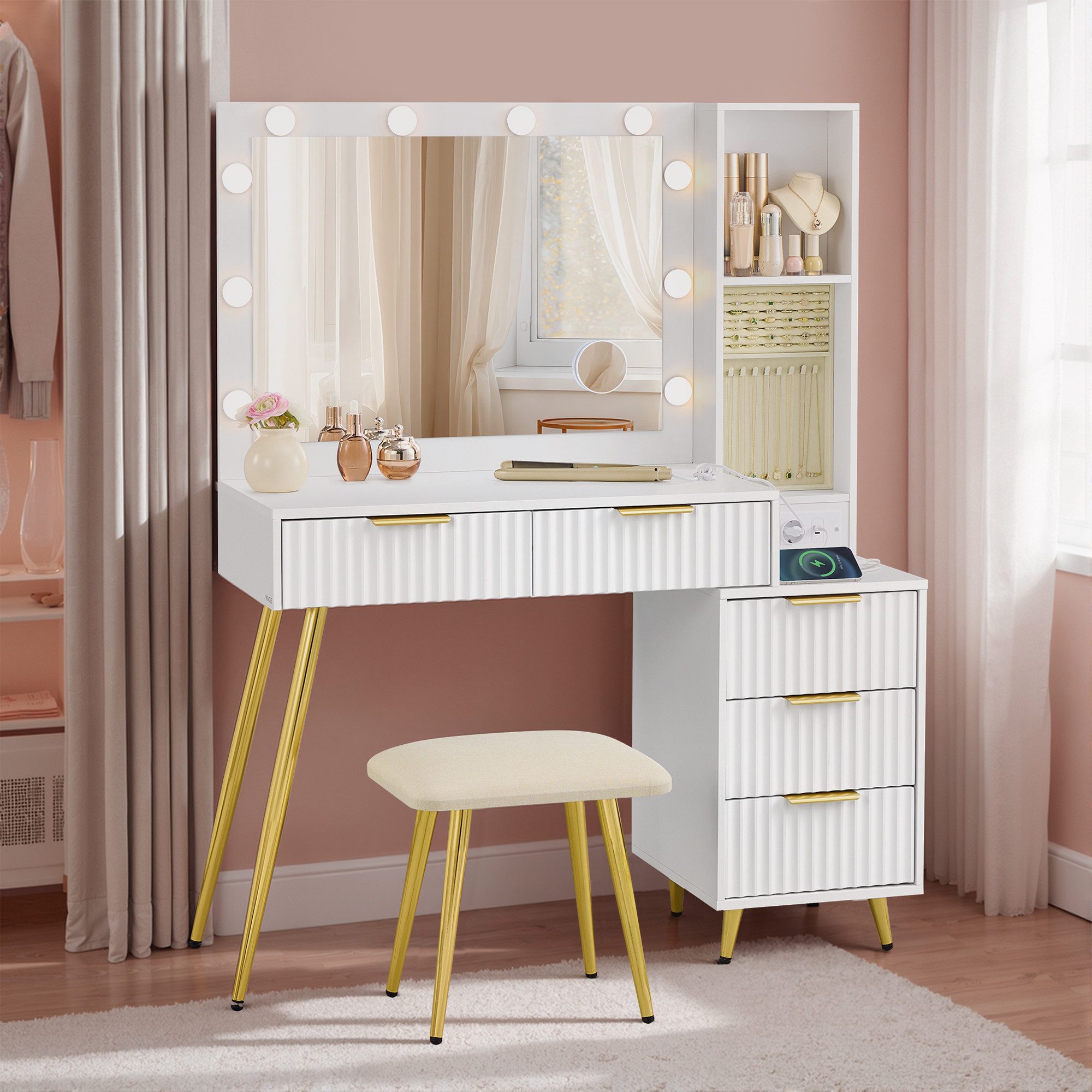 VASAGLE Schminktisch Frisiertisch mit Schubladen, Hocker, LED-Leuchten (Set, 1 Tisch mit 1 Hocker), Kosmetiktisch, 10x Vergrößerungsspiegel, Schmucktablett, Ladestation