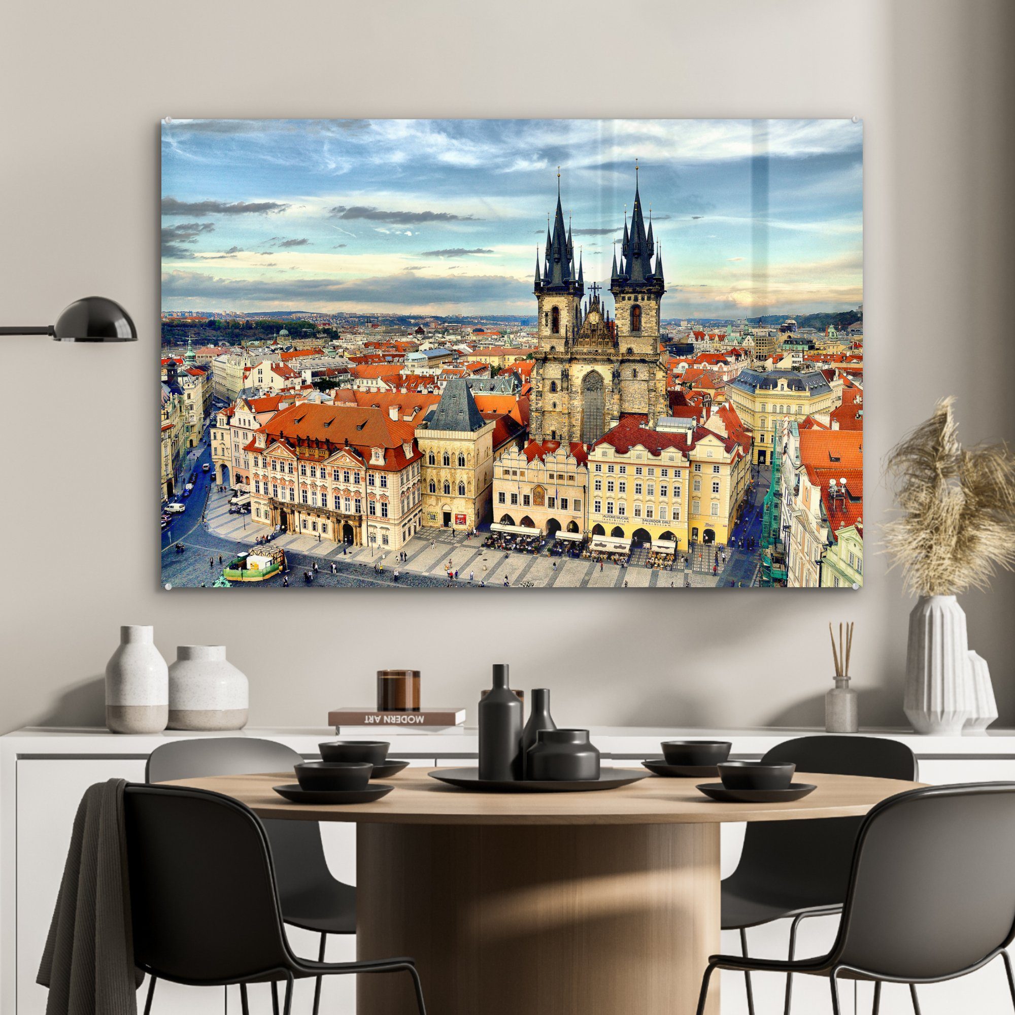 Prager Stadt, Wohnzimmer Schlafzimmer Acrylglasbilder Acrylglasbild St), & (1 MuchoWow Burg Wolken - -