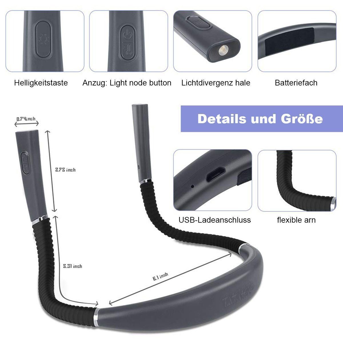 Leselampe zum Blau Farben,6 Hals-Leseleuchte,Buchleuchte Helligkeitsstufen LED DOPWii Lesen,3