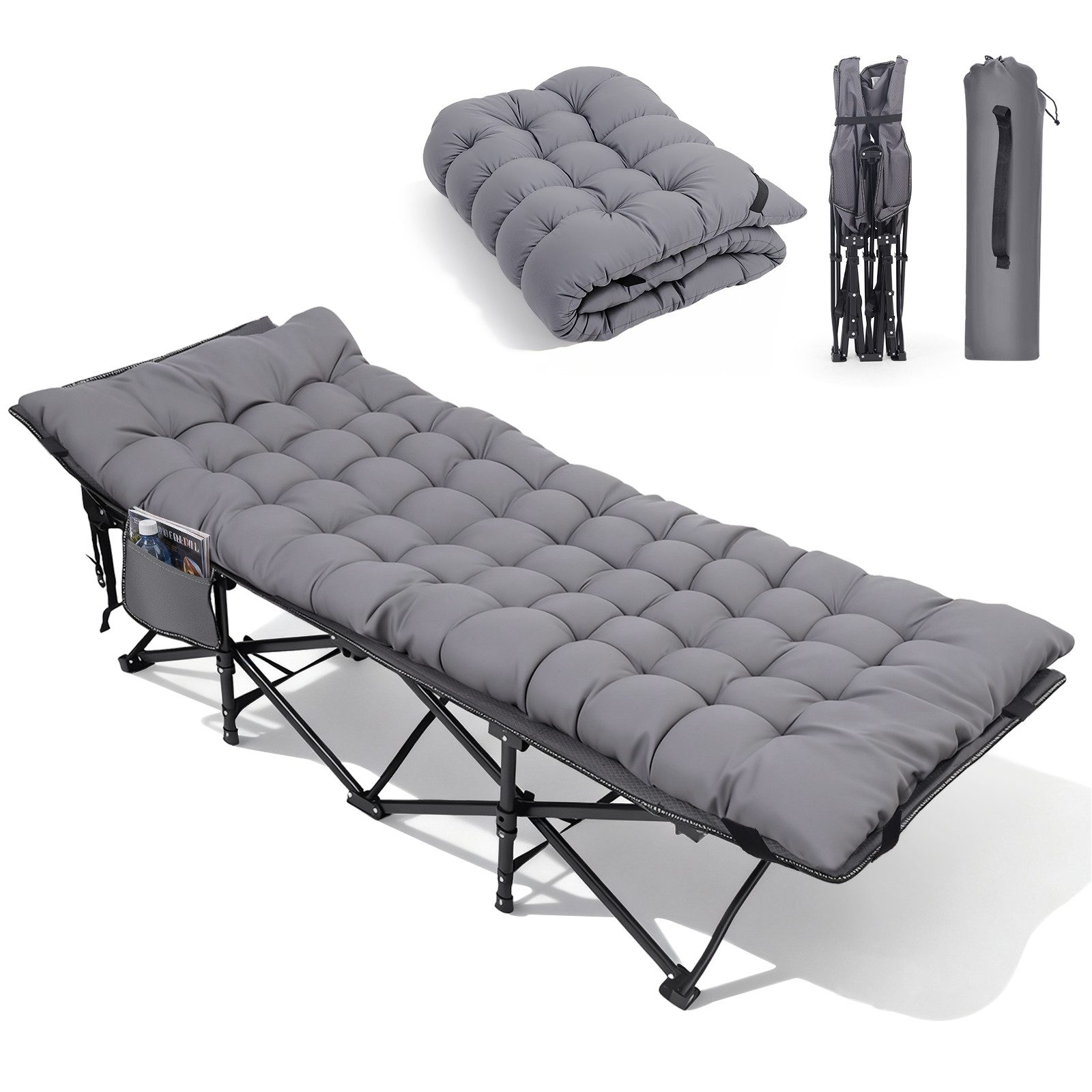 Sekey Feldbett Campingbett klappbar Campingliege Angelliege Klappbett bis 200 kg 190 x 71 x 35 cm Klappbett mit dicker Matratze, für Strand Outdoor