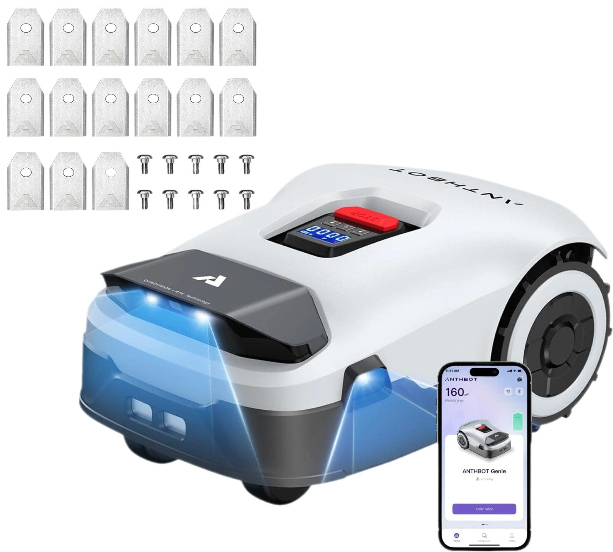 ANTHBOT Rasenmähroboter Genie600, Automatischer Газонокосилка-робот, bis zu 900m², (Ohne begrenzungsdraht • RTK+4-Kamera Vision • KI-Hindernisvermeidung), Mehrzonen-Management, WiFi/Bluetooth, Cut to Edge