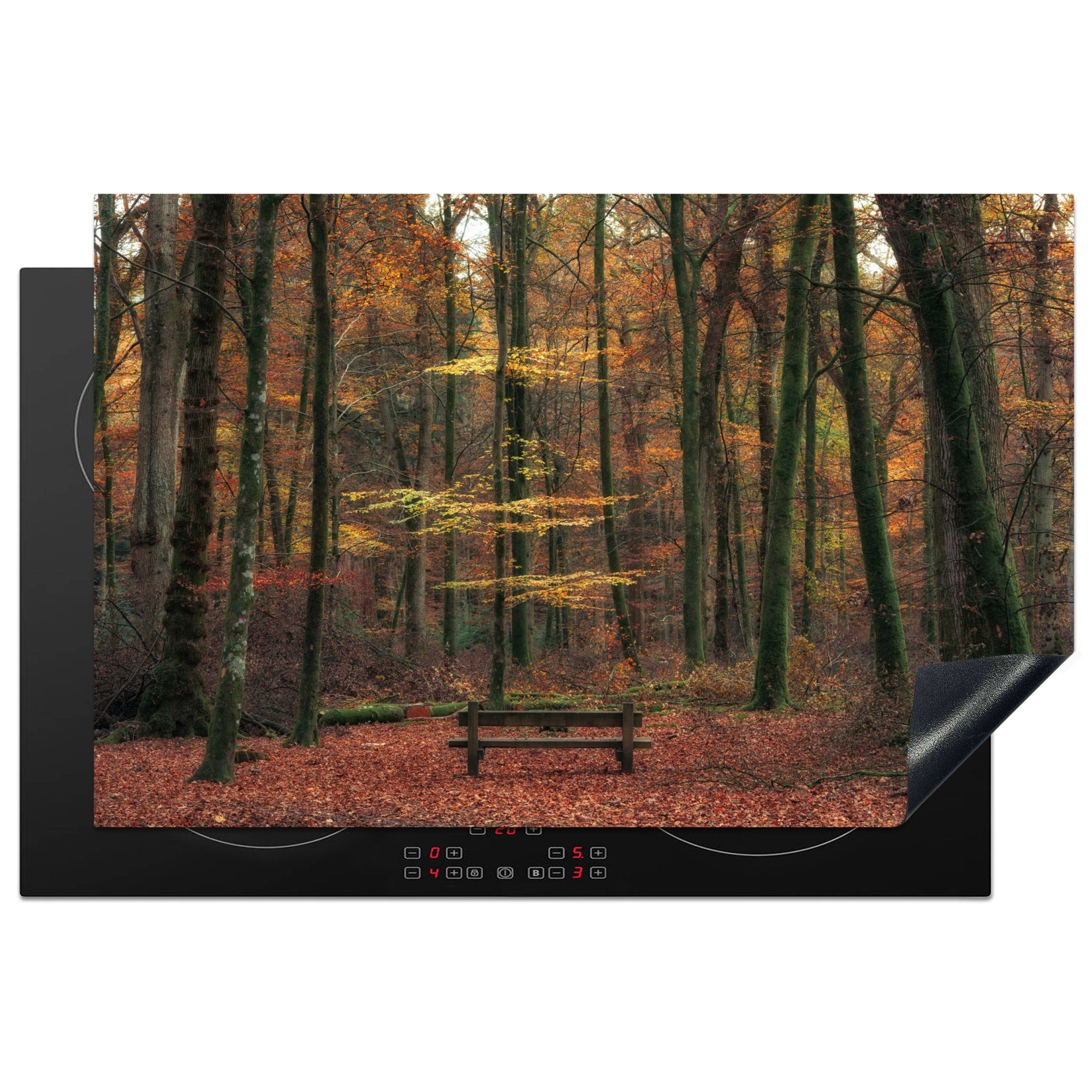MuchoWow Herdblende-/Abdeckplatte Holzbank im New Forest National Park in England, Vinyl, (1 tlg), 81x52 cm, Induktionskochfeld Schutz für die küche, Ceranfeldabdeckung