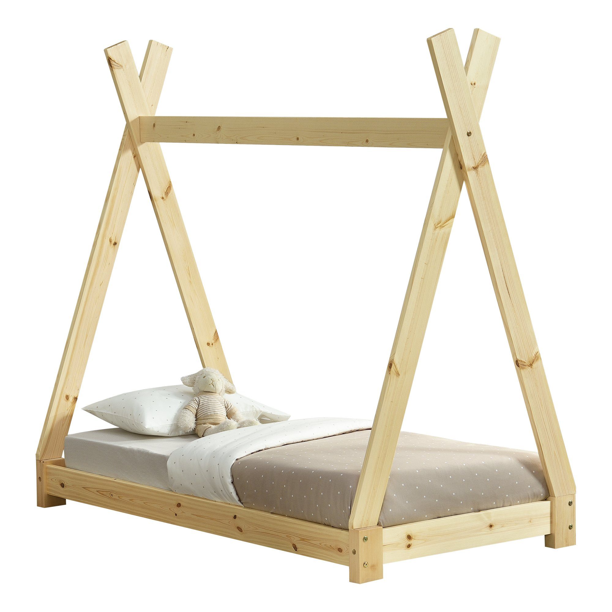 en.casa Kinderbett, »Onejda« Kinderbett Tipi Bett aus Kiefernholz 70x140cm Natur