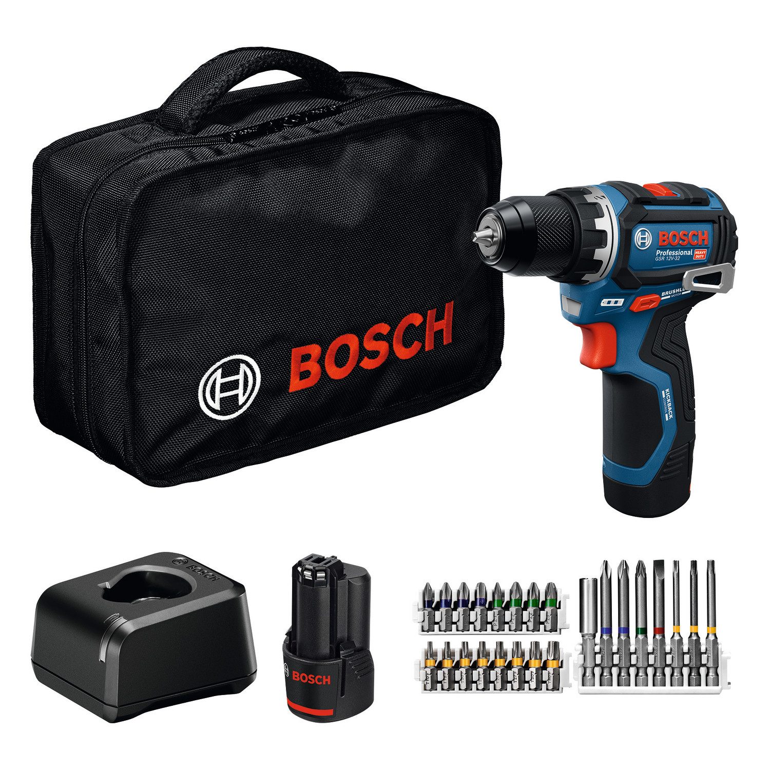 Bosch Professional Akku-Bohrschrauber GSR 12V-32, (Set), inkl. 2 Akkus, Ladegerät, 36-tlg. Zubehörset und Tasche