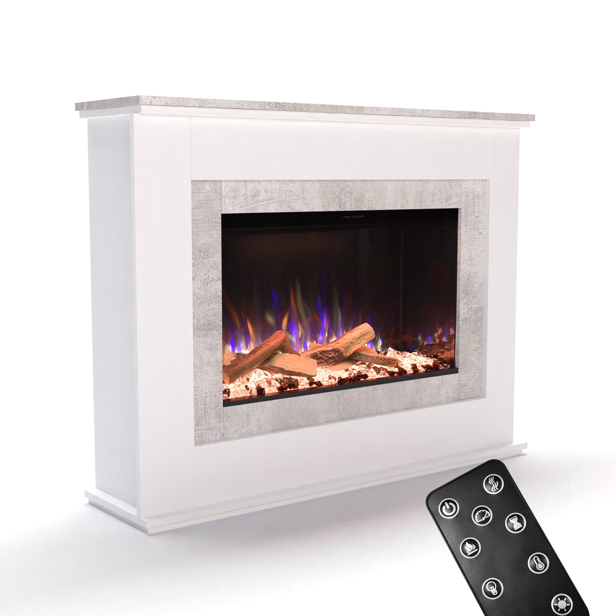 GLOW FIRE Elektrokamin PR6 E-Motion 3D, Elektrischer Kamin mit 3D Feuer mit Heizung, täuschend echte Flamme mit Heizung, 3 Dekorationen