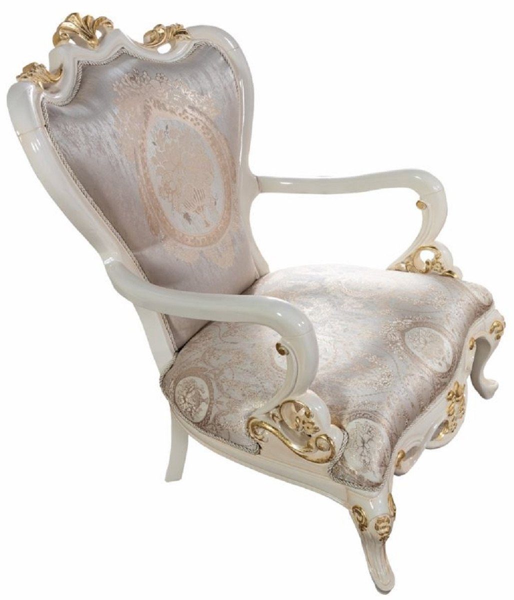 mit Weiß Casa Sessel / / Möbel Sessel Prunkvoller Muster Wohnzimmer - Padrino Barock elegantem Luxus Gold Sessel - Silber Barock Wohnzimmer