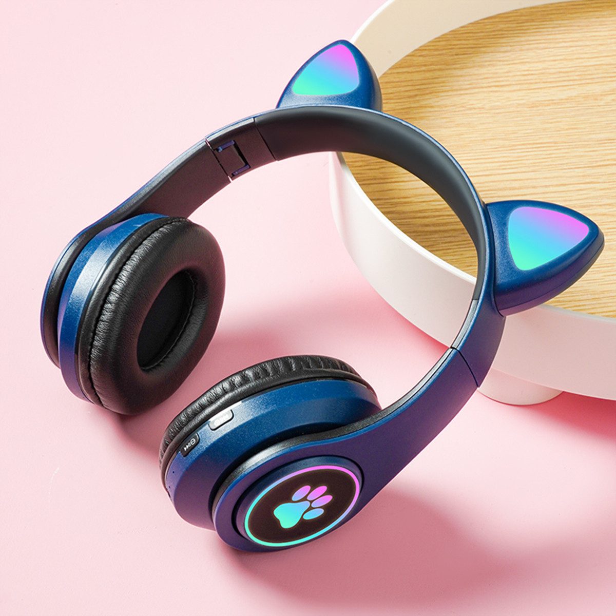 KINSI Bluetooth-Headset, Kopfhörer mit Katzenohren, RGB-LED-Leuchten Kinder-Kopfhörer (AVRCP-Bluetooth, HSP, A2DF Bluetooth, HSF 1.5, Katzenohr-Headset für Mädchen, kompatibel mit Tablet/Computer/Telefon)