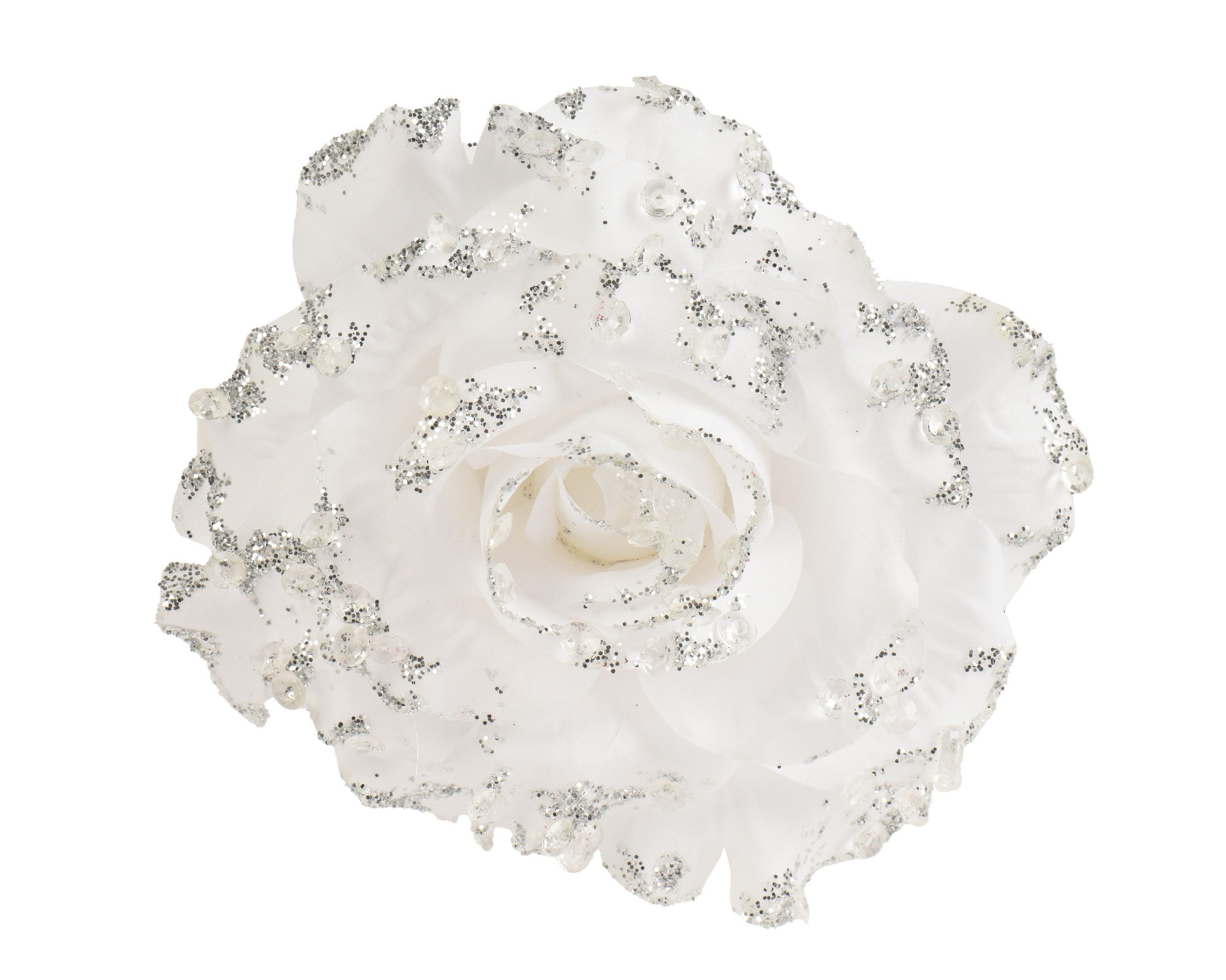 Kaemingk Weihnachtsbaumklammer, Kunstblumen Rose auf Clip 14cm mit Glitzer Weiß