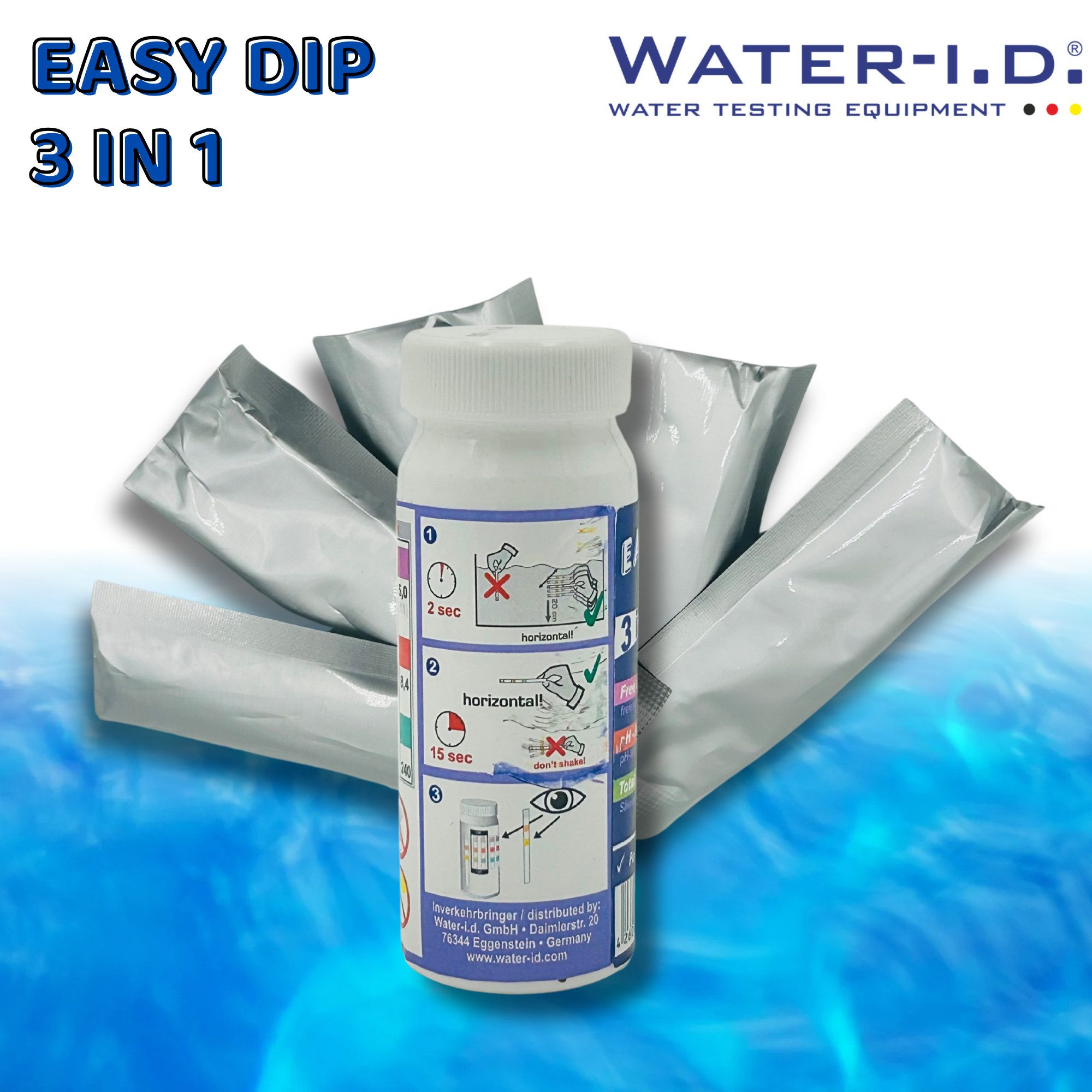 WATER-I.D. Wasserteststreifen EASY DIP 50 Teststreifen Chlor pH Alkalinität TestStrips Pool Teich, Teststrips zur Wasseranalyse in Pool, Whirlpool, Teich oder Aquarium